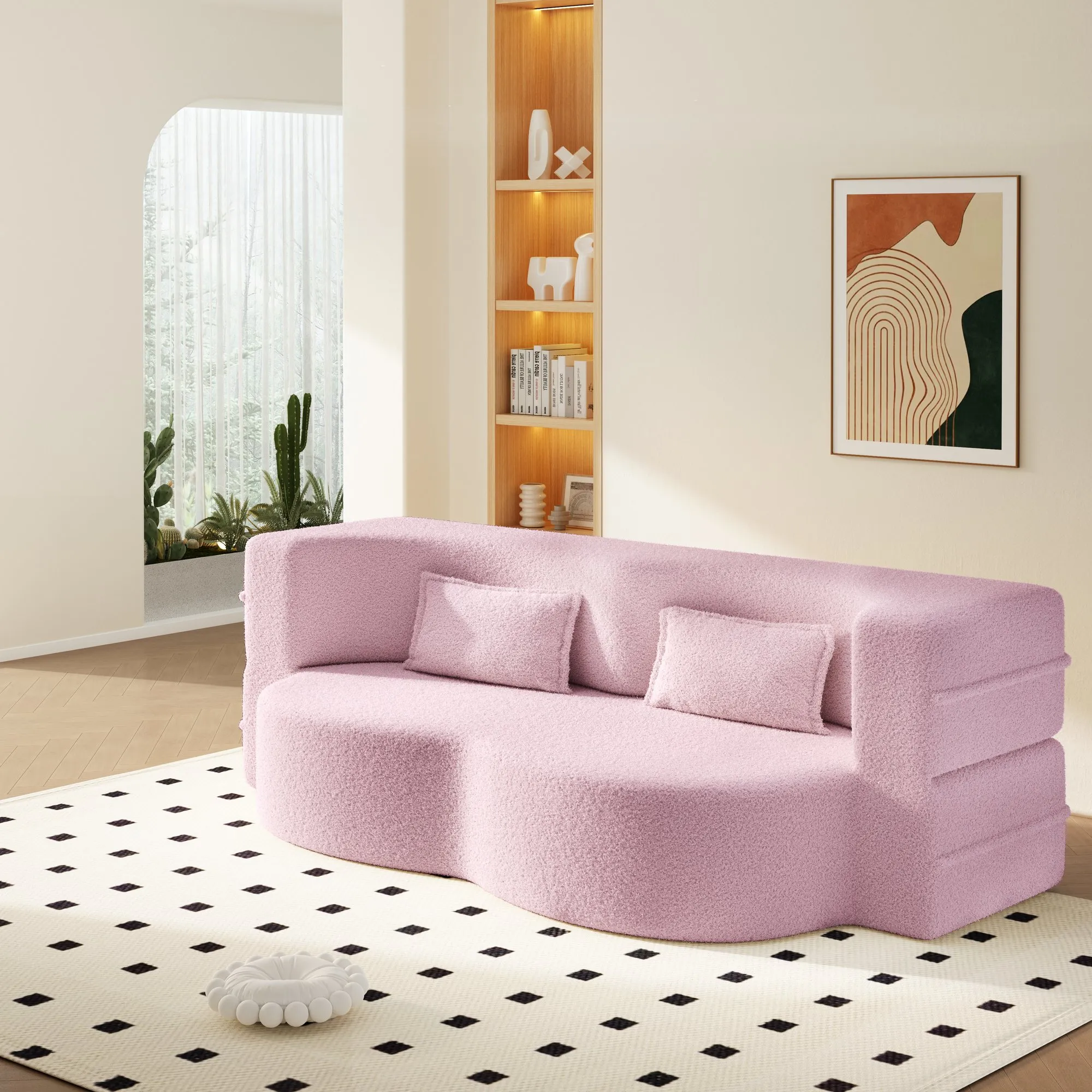 Convertible Sherpa Fleece Floor Sofa with 2 Pillows, Modern