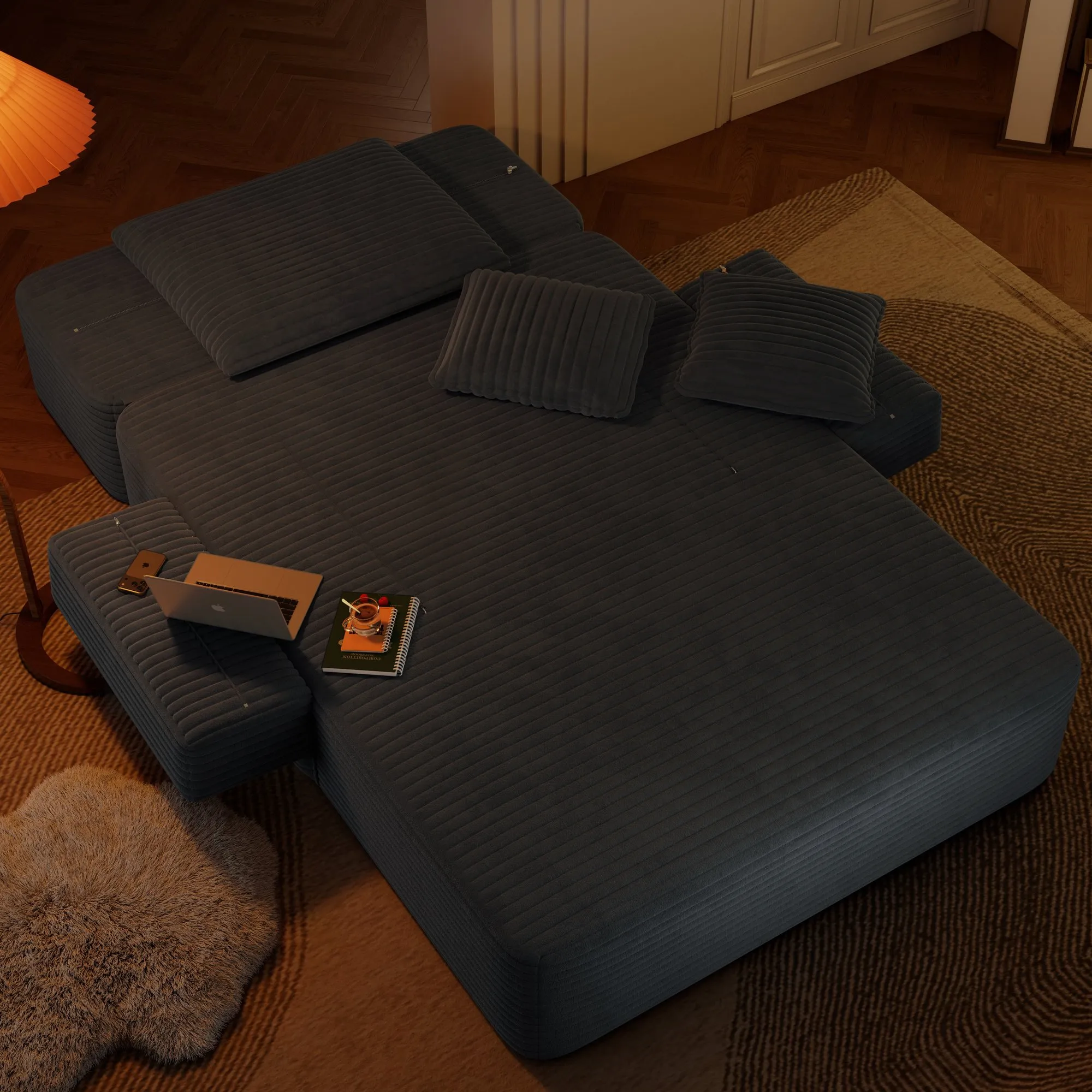 Oversized Plush Corduroy Chaise Lounge Sofa Bed, Convertible