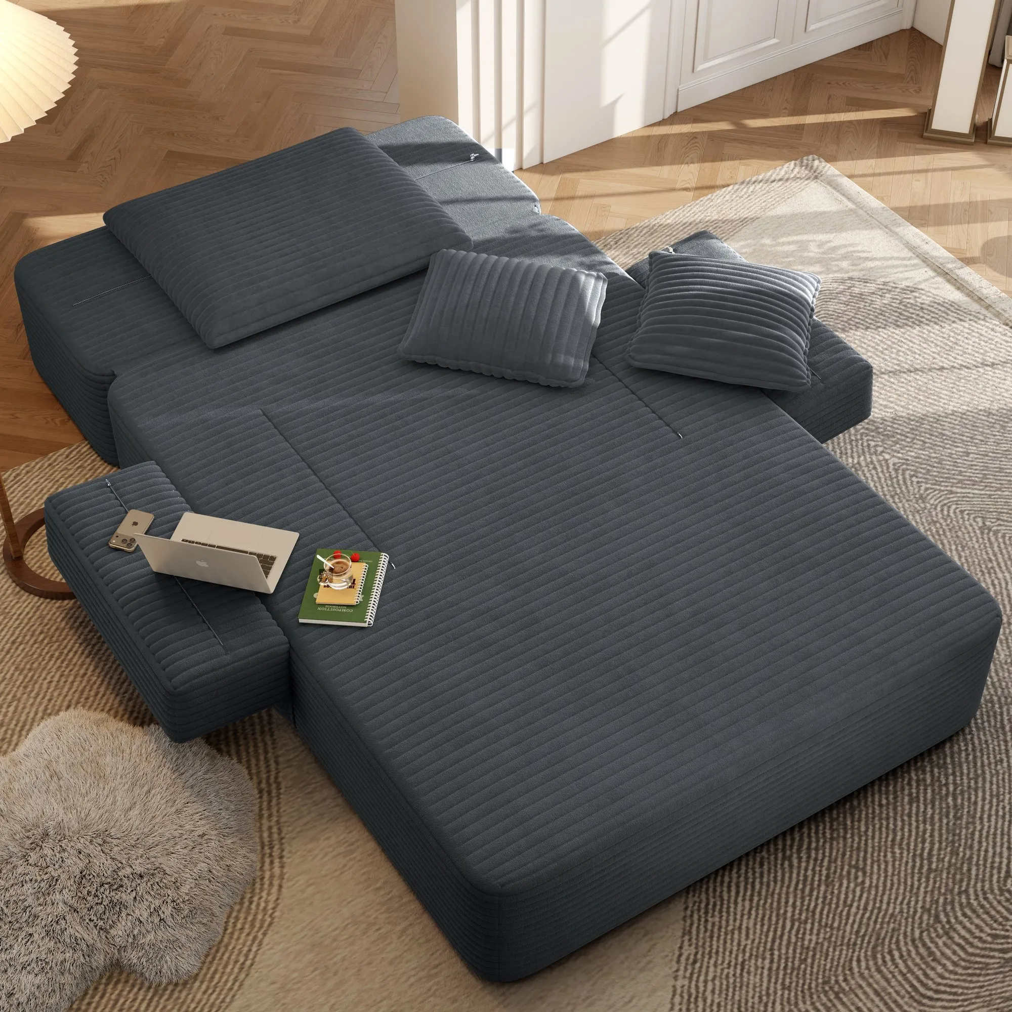 Oversized Plush Corduroy Chaise Lounge Sofa Bed, Convertible