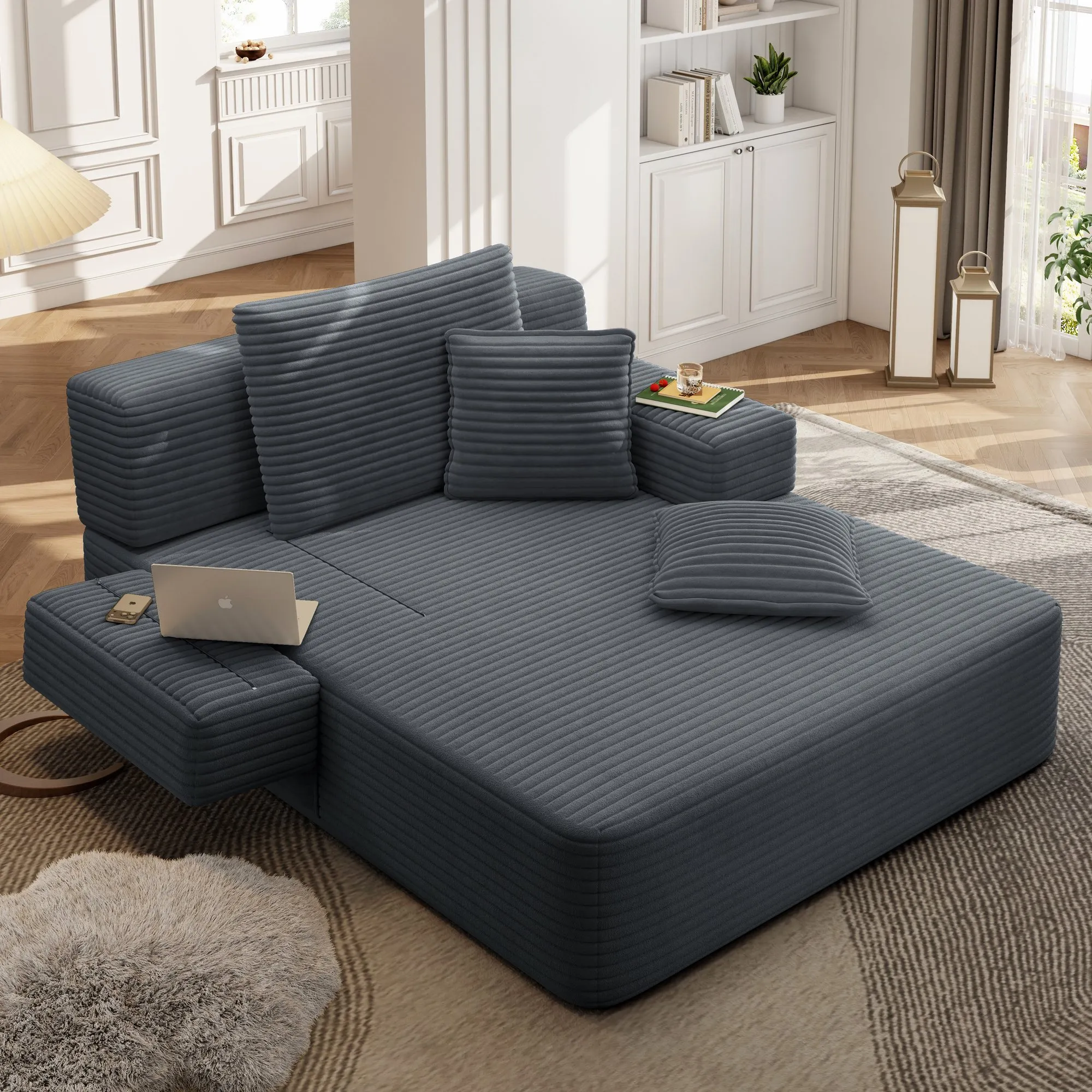 Oversized Plush Corduroy Chaise Lounge Sofa Bed, Convertible