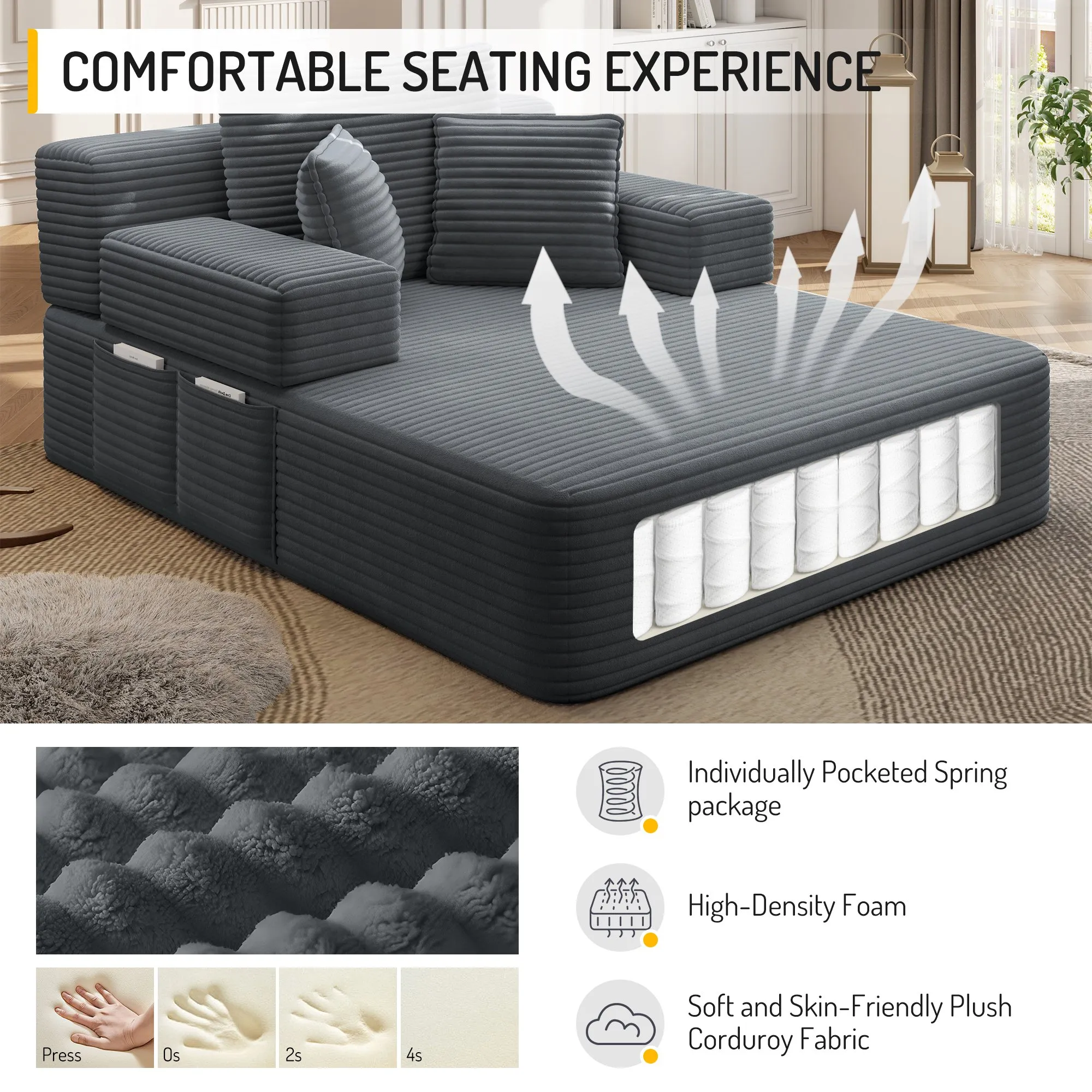 Oversized Plush Corduroy Chaise Lounge Sofa Bed, Convertible