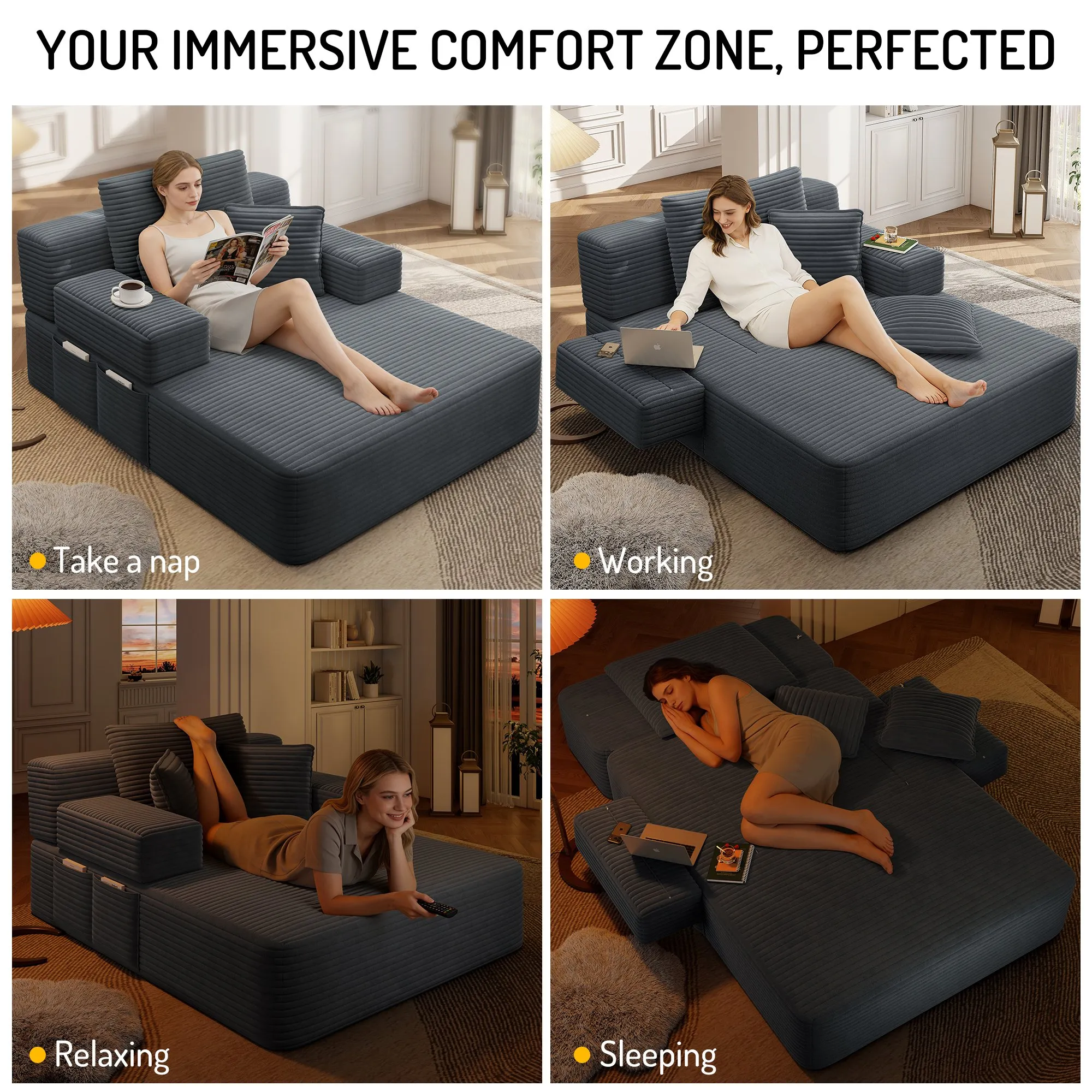Oversized Plush Corduroy Chaise Lounge Sofa Bed, Convertible