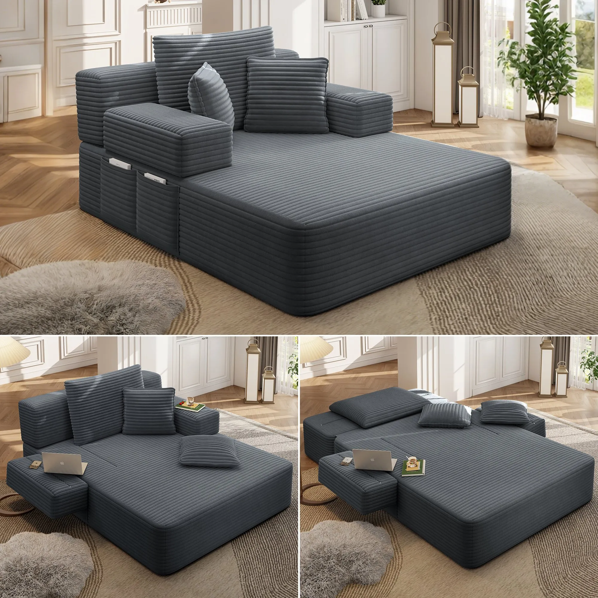Oversized Plush Corduroy Chaise Lounge Sofa Bed, Convertible