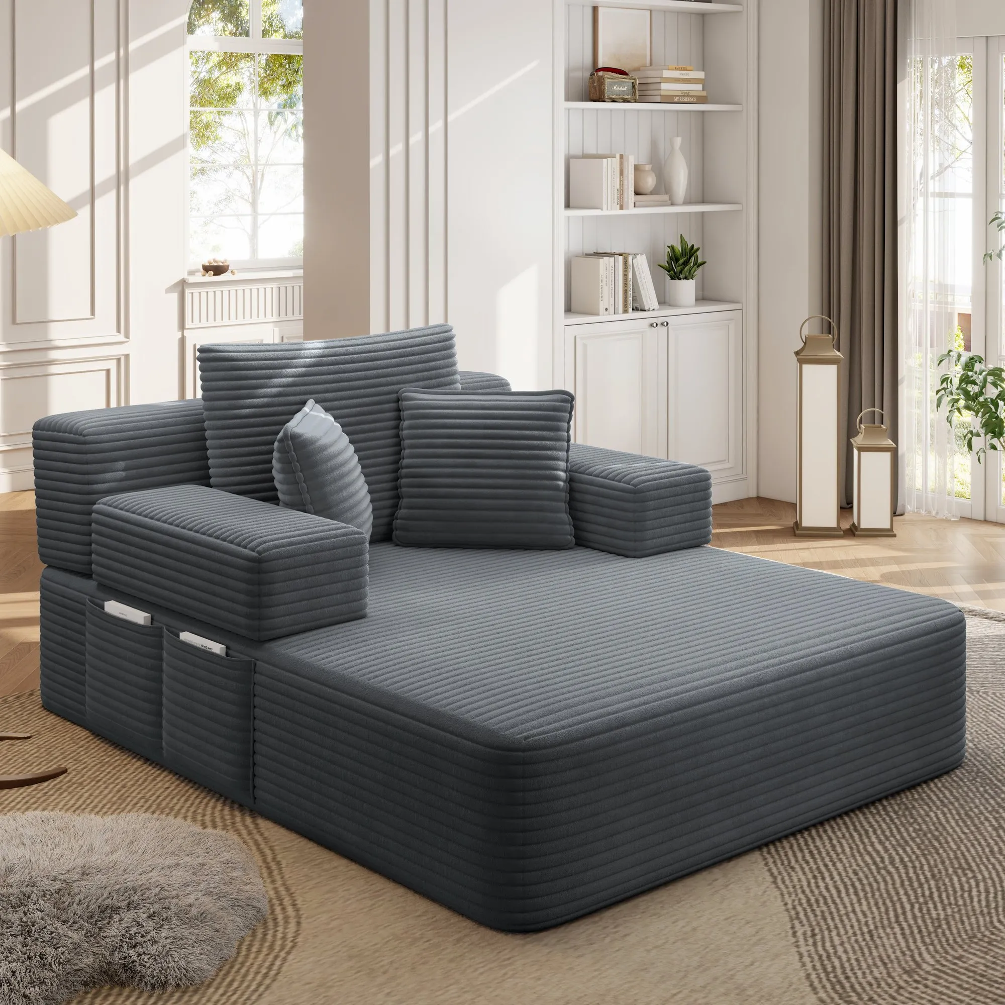 Oversized Plush Corduroy Chaise Lounge Sofa Bed, Convertible