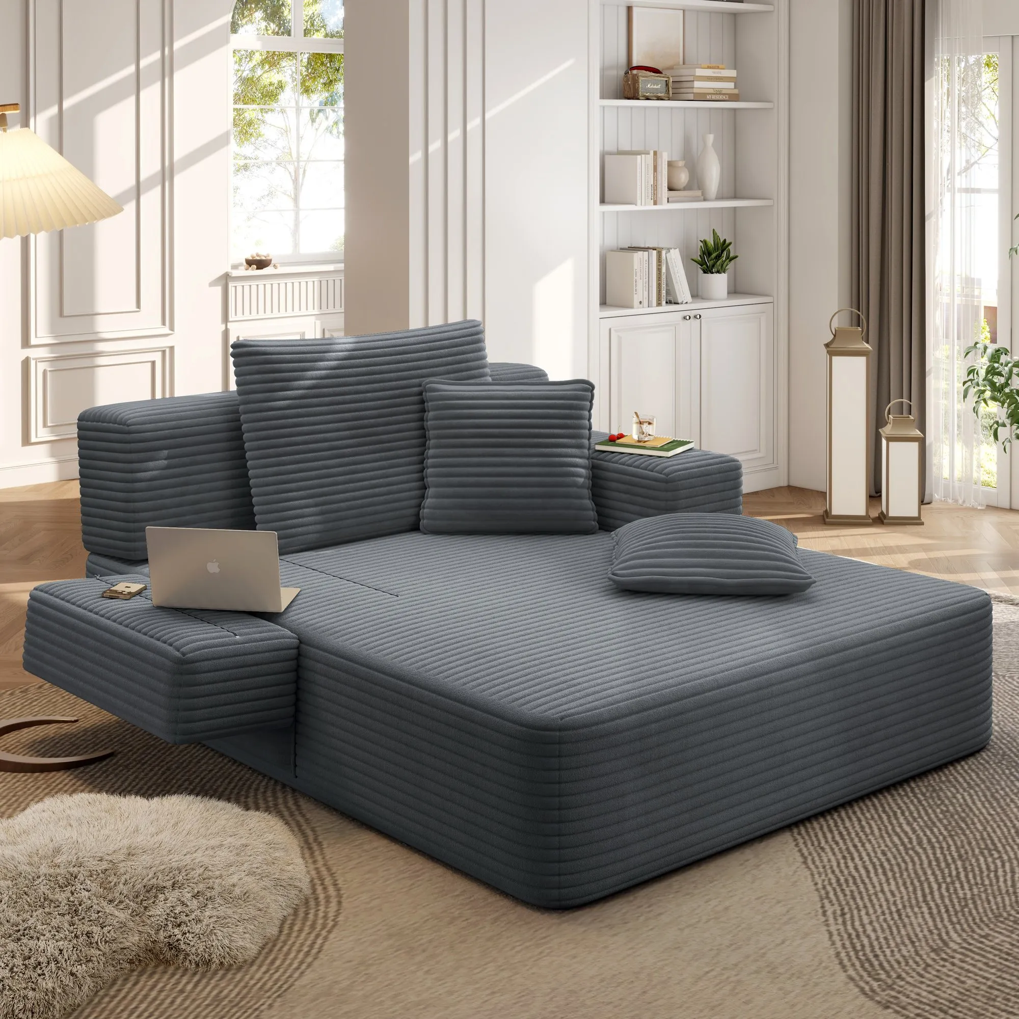 Oversized Plush Corduroy Chaise Lounge Sofa Bed, Convertible