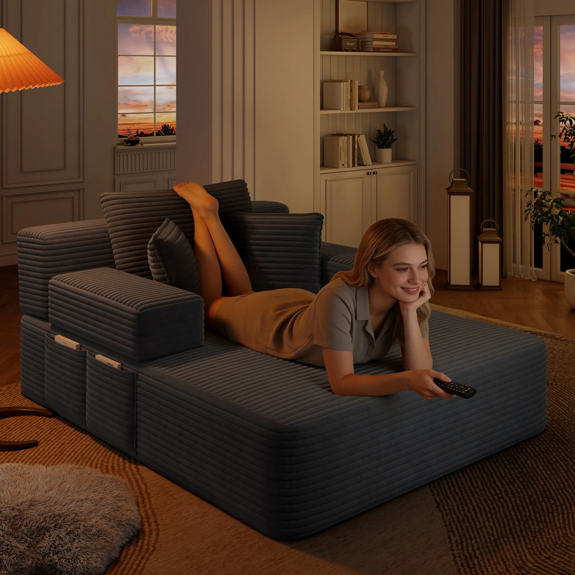 Oversized Plush Corduroy Chaise Lounge Sofa Bed, Convertible