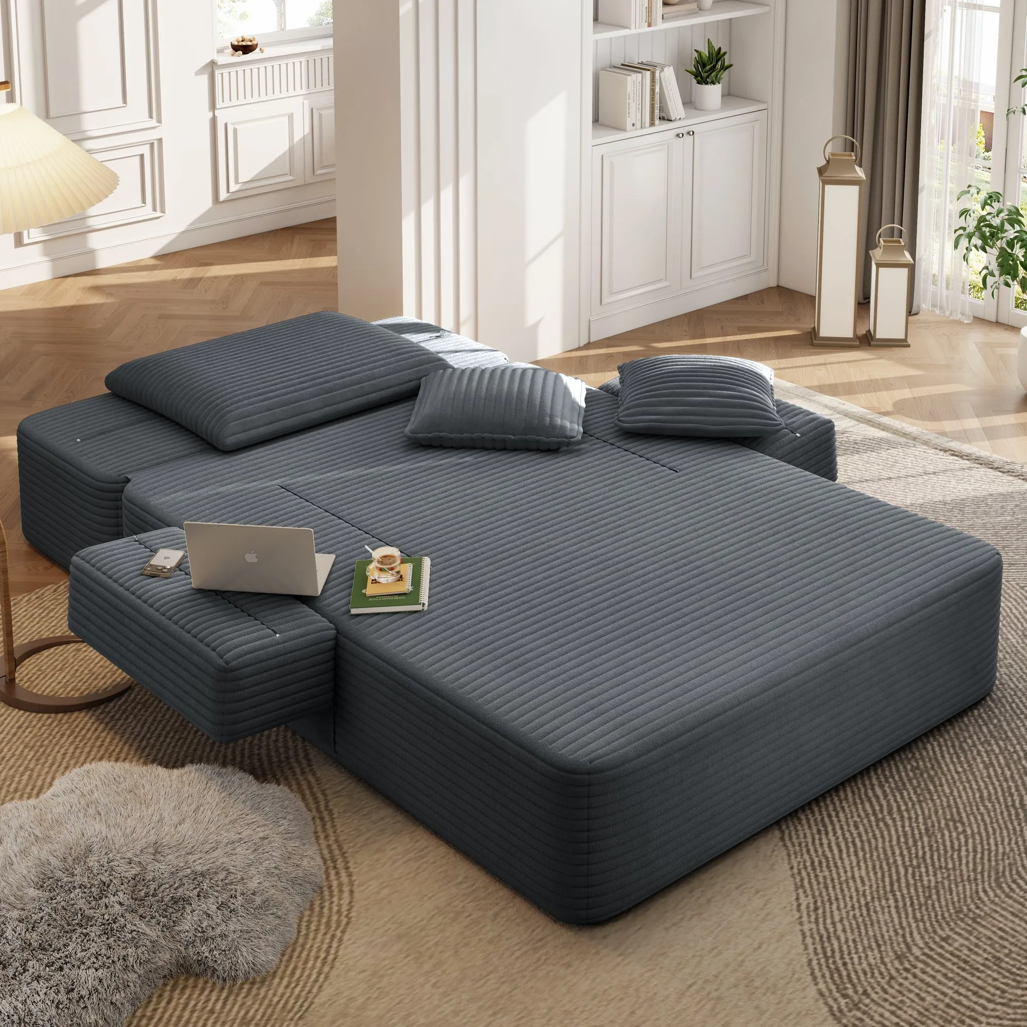 Oversized Plush Corduroy Chaise Lounge Sofa Bed, Convertible