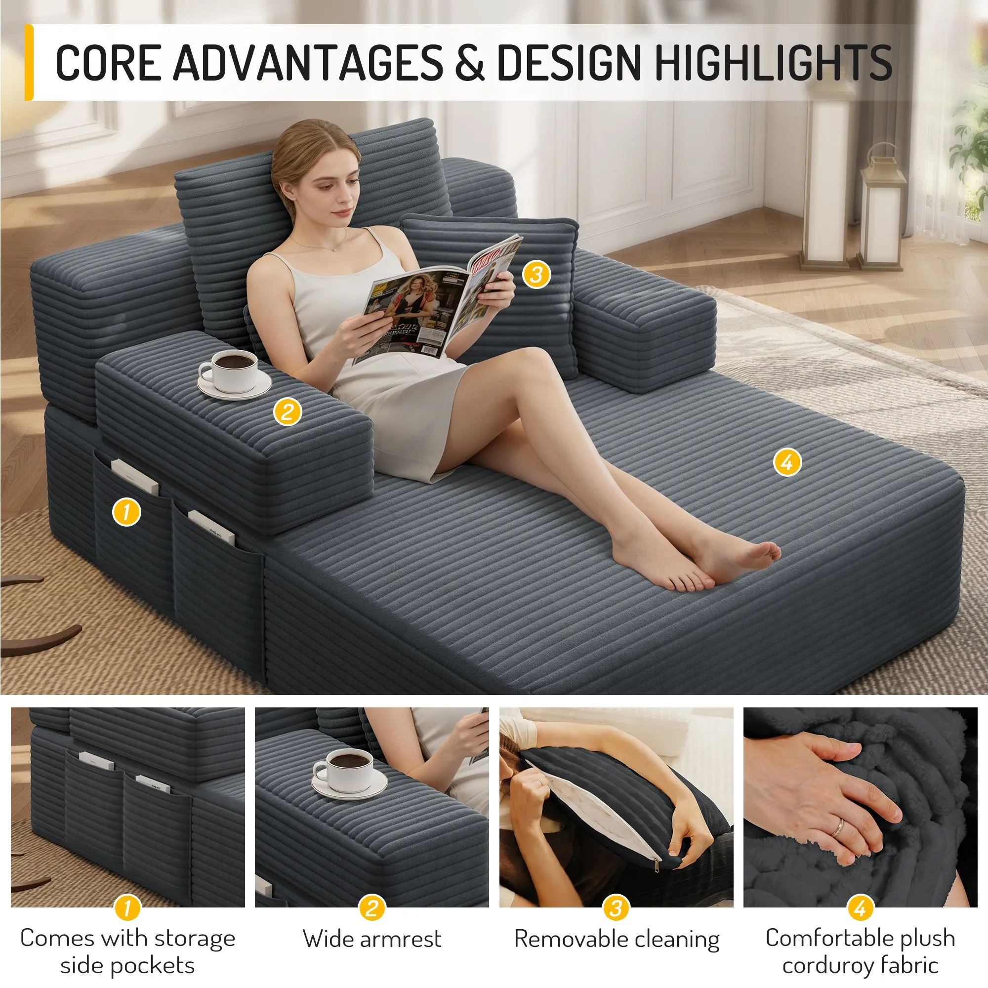 Oversized Plush Corduroy Chaise Lounge Sofa Bed, Convertible