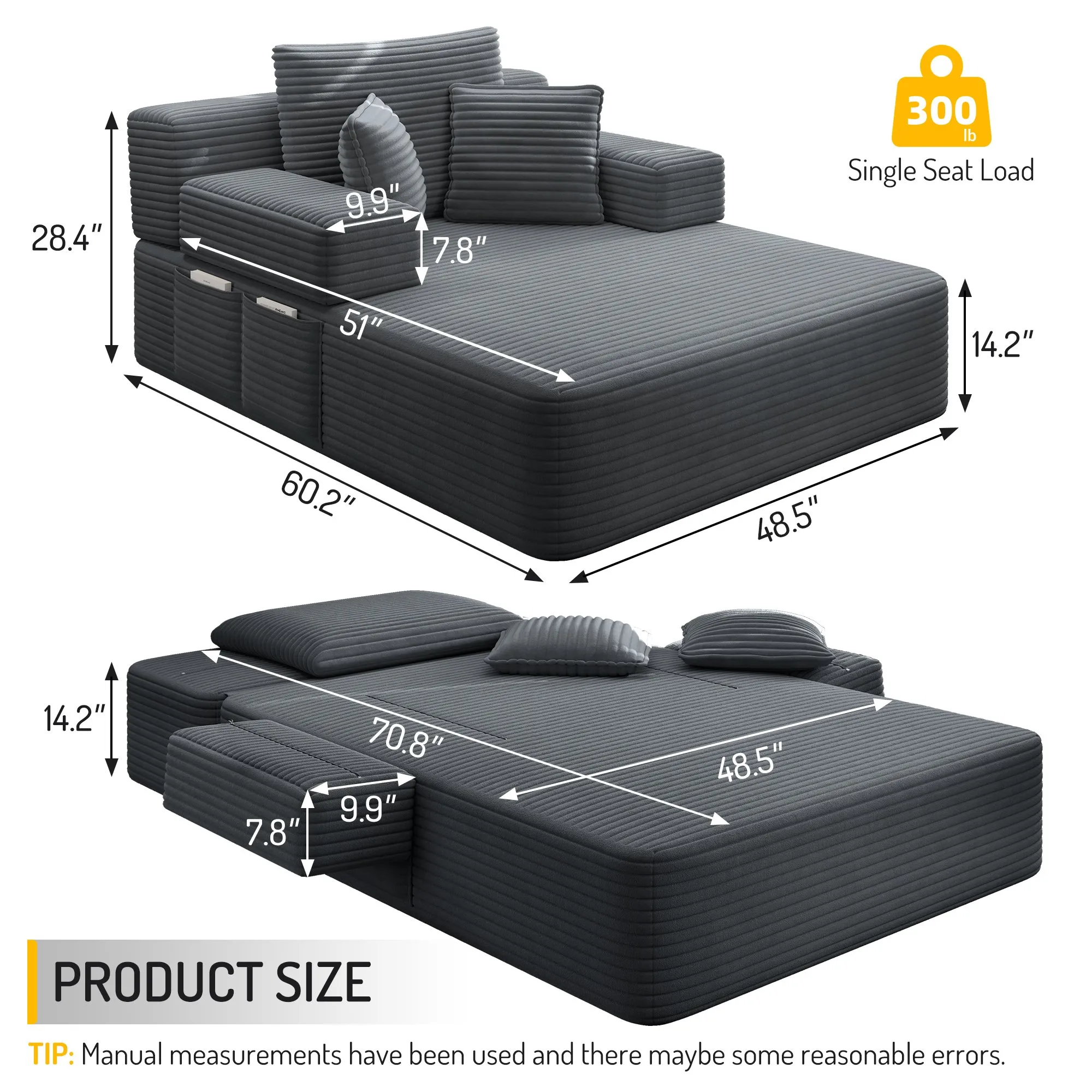 Oversized Plush Corduroy Chaise Lounge Sofa Bed, Convertible