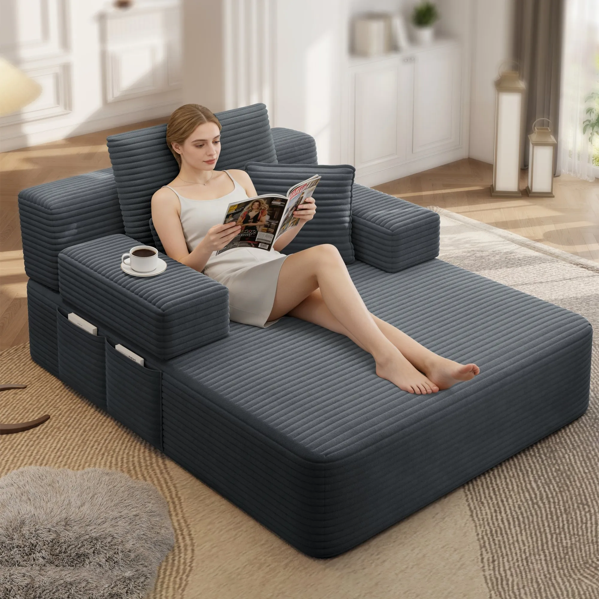 Oversized Plush Corduroy Chaise Lounge Sofa Bed, Convertible
