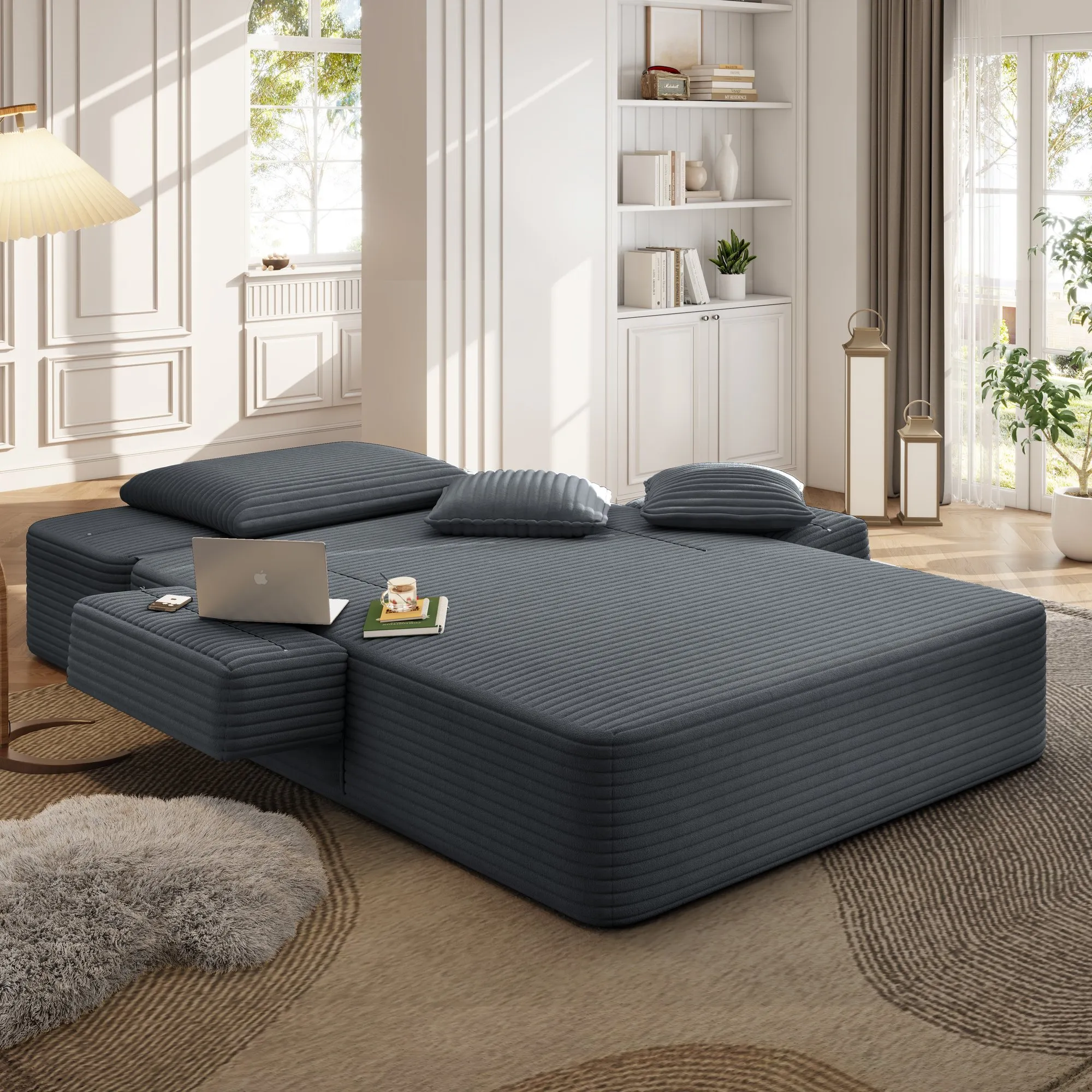 Oversized Plush Corduroy Chaise Lounge Sofa Bed, Convertible