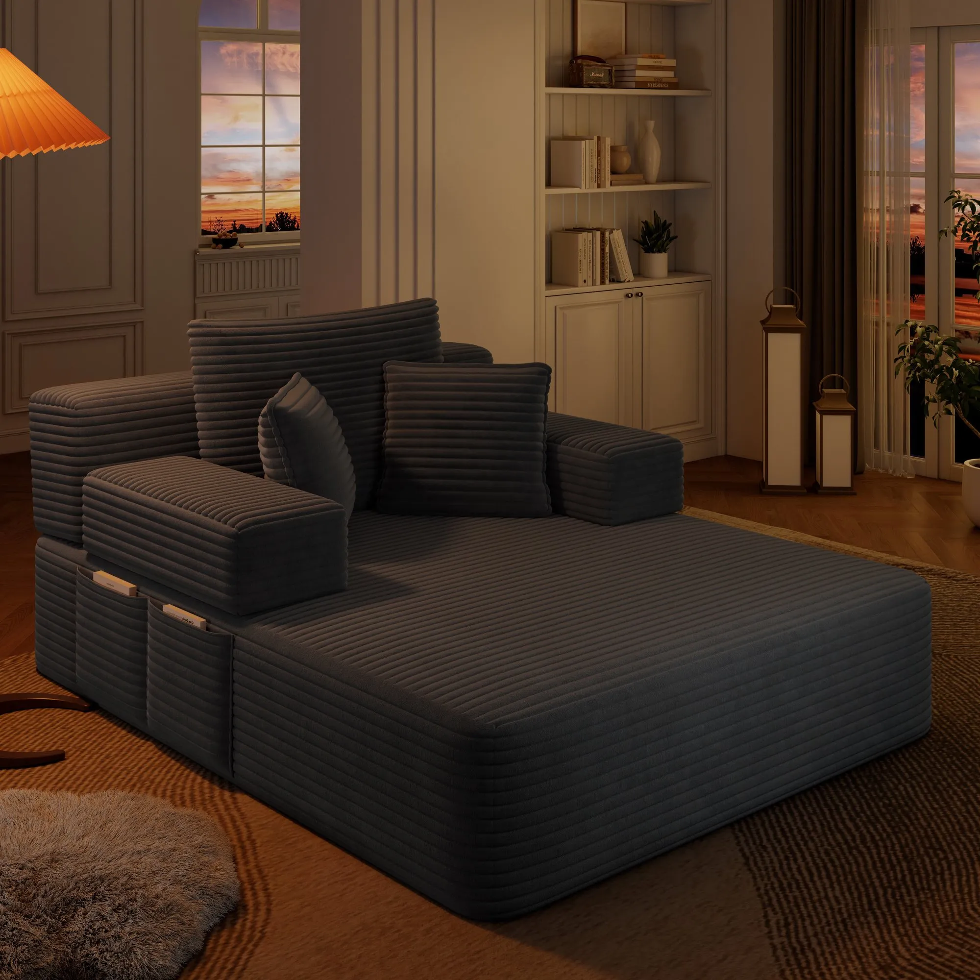 Oversized Plush Corduroy Chaise Lounge Sofa Bed, Convertible