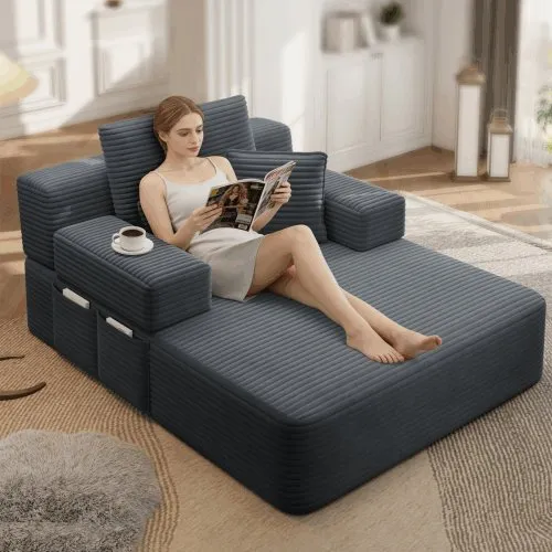 Oversized Plush Corduroy Chaise Lounge Sofa Bed, Convertible