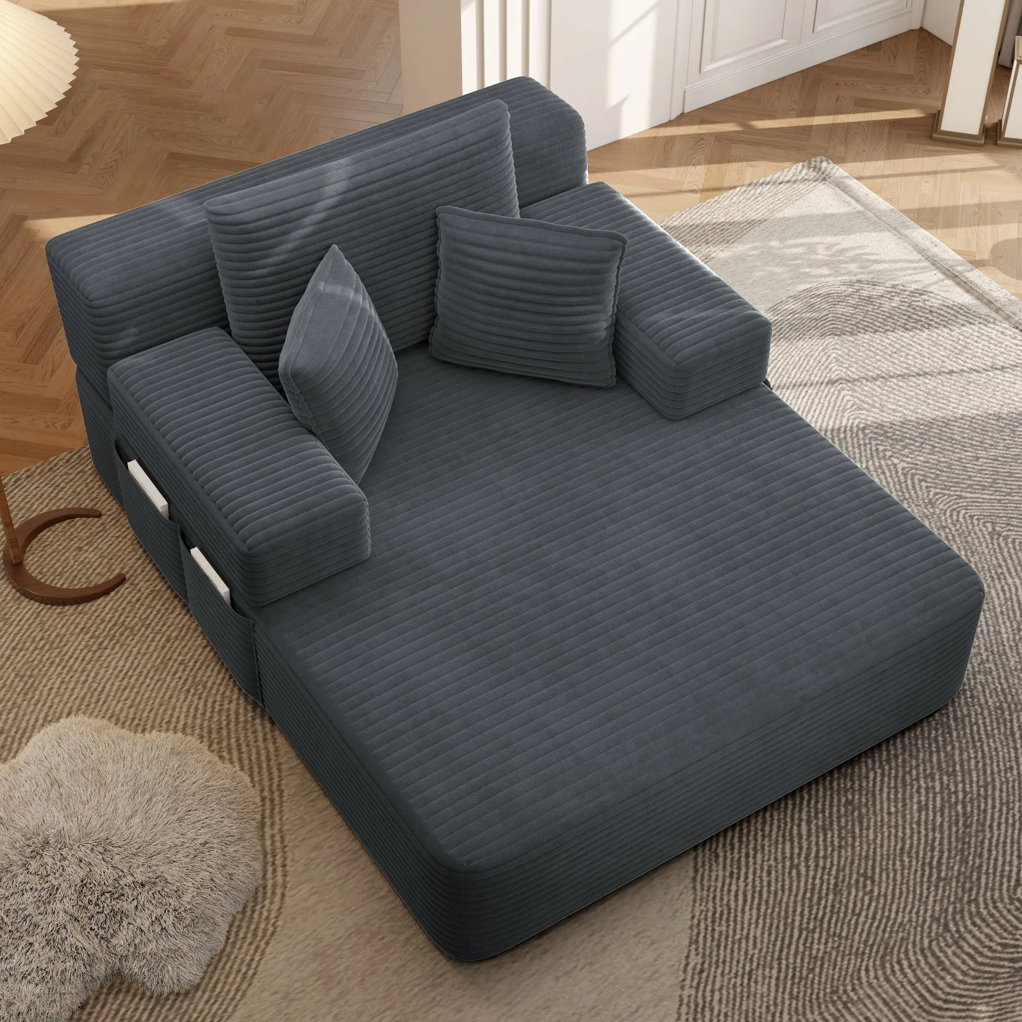 Oversized Plush Corduroy Chaise Lounge Sofa Bed, Convertible