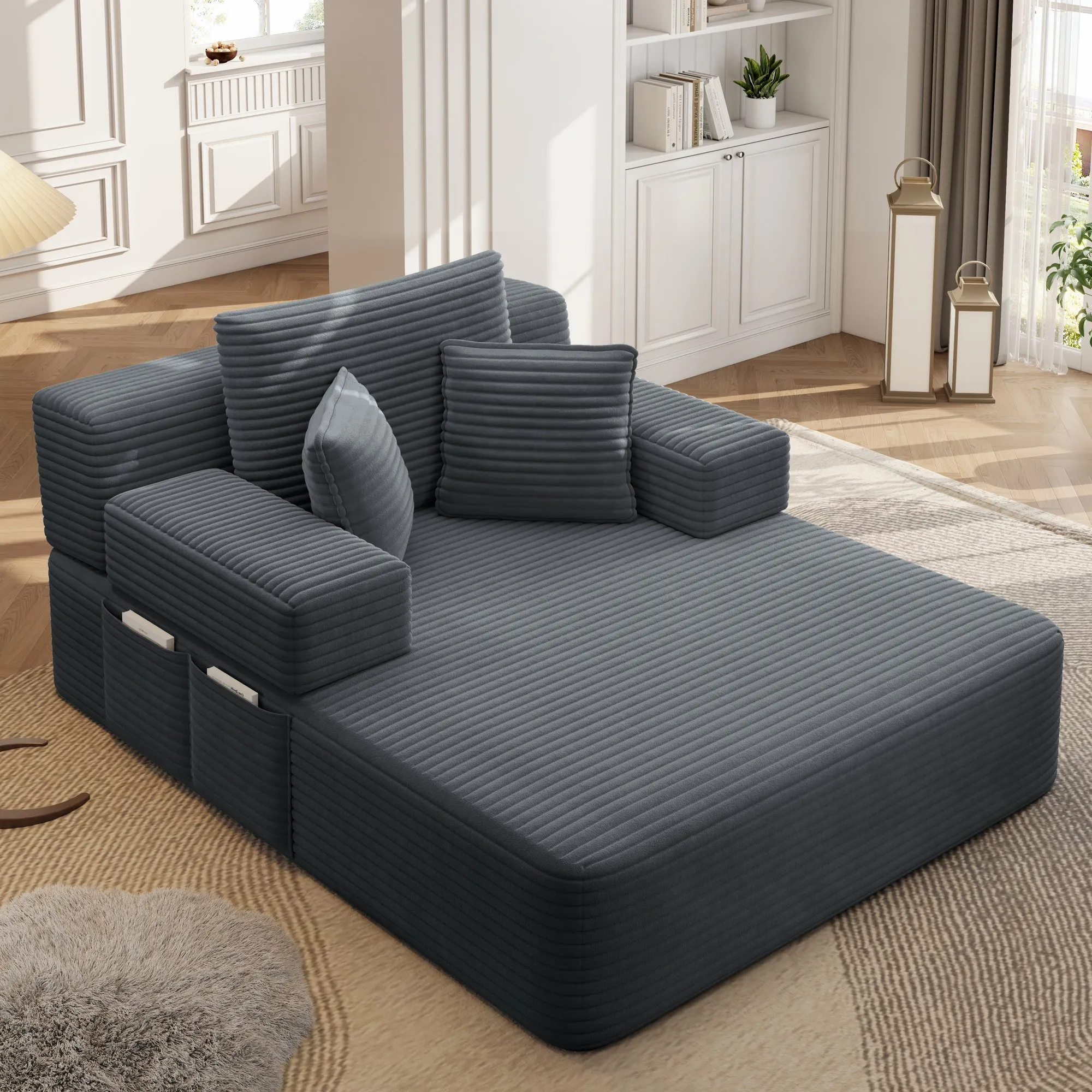 Oversized Plush Corduroy Chaise Lounge Sofa Bed, Convertible