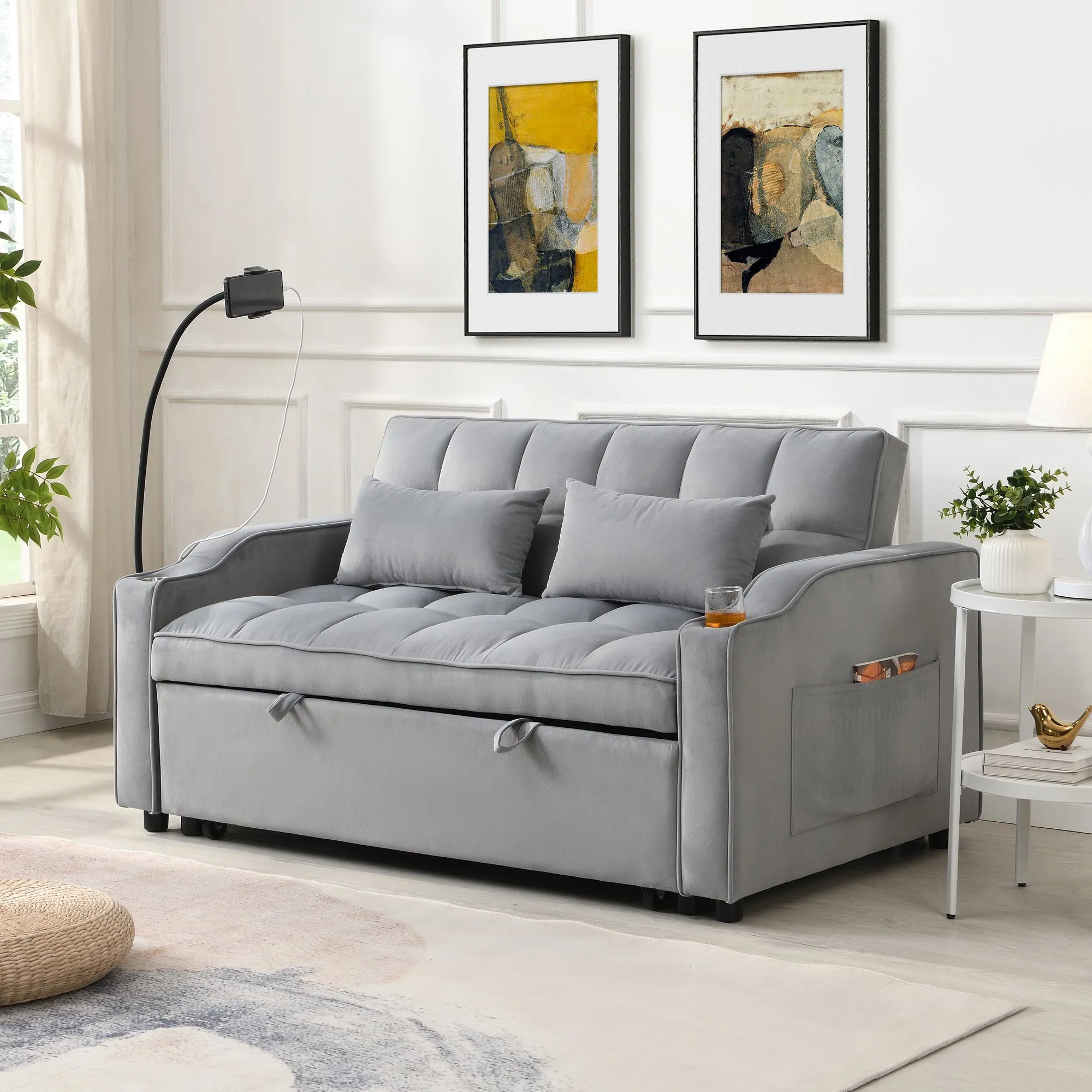 Modern Velvet Loveseat Futon with Pull-Out Bed, Small Couch