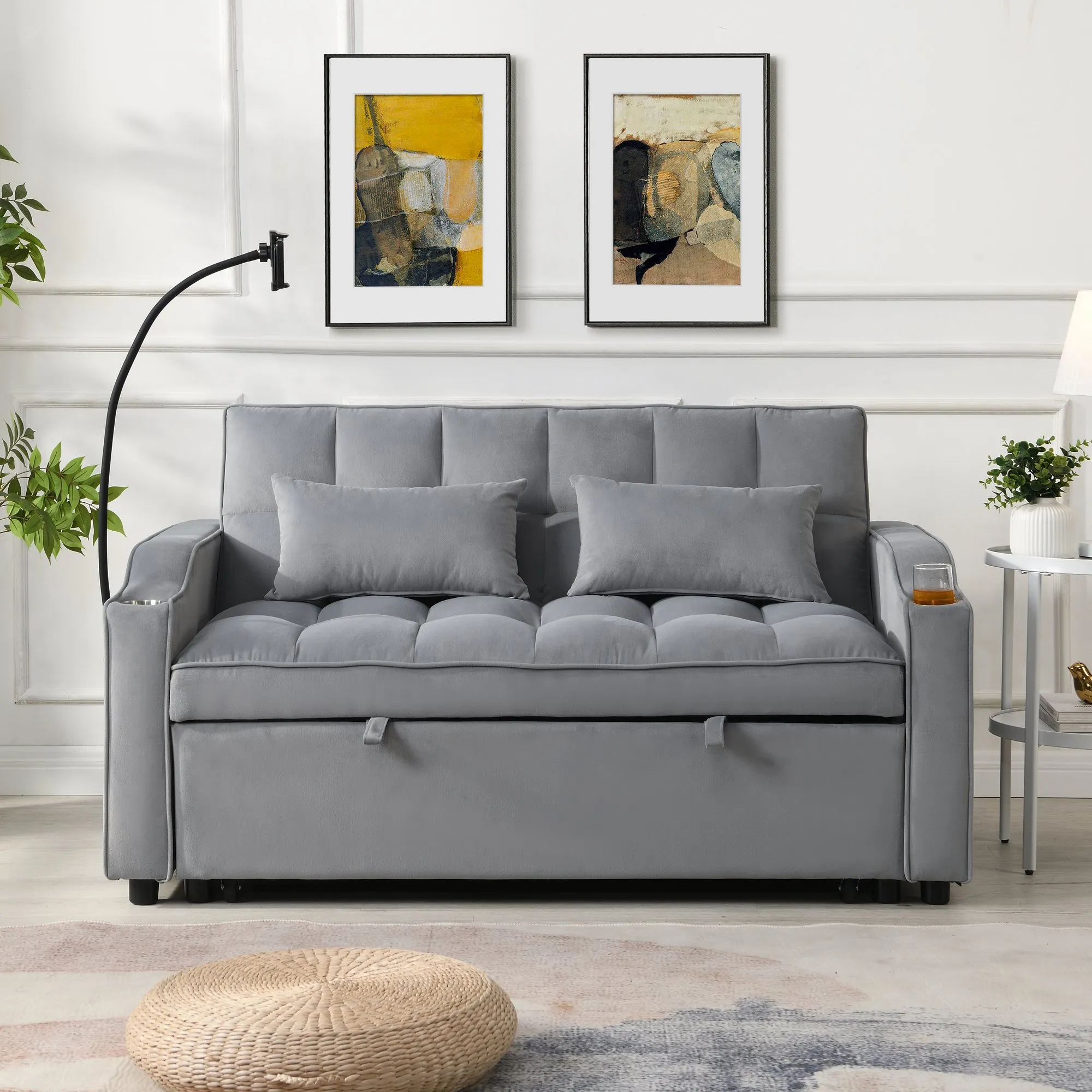 Modern Velvet Loveseat Futon with Pull-Out Bed, Small Couch