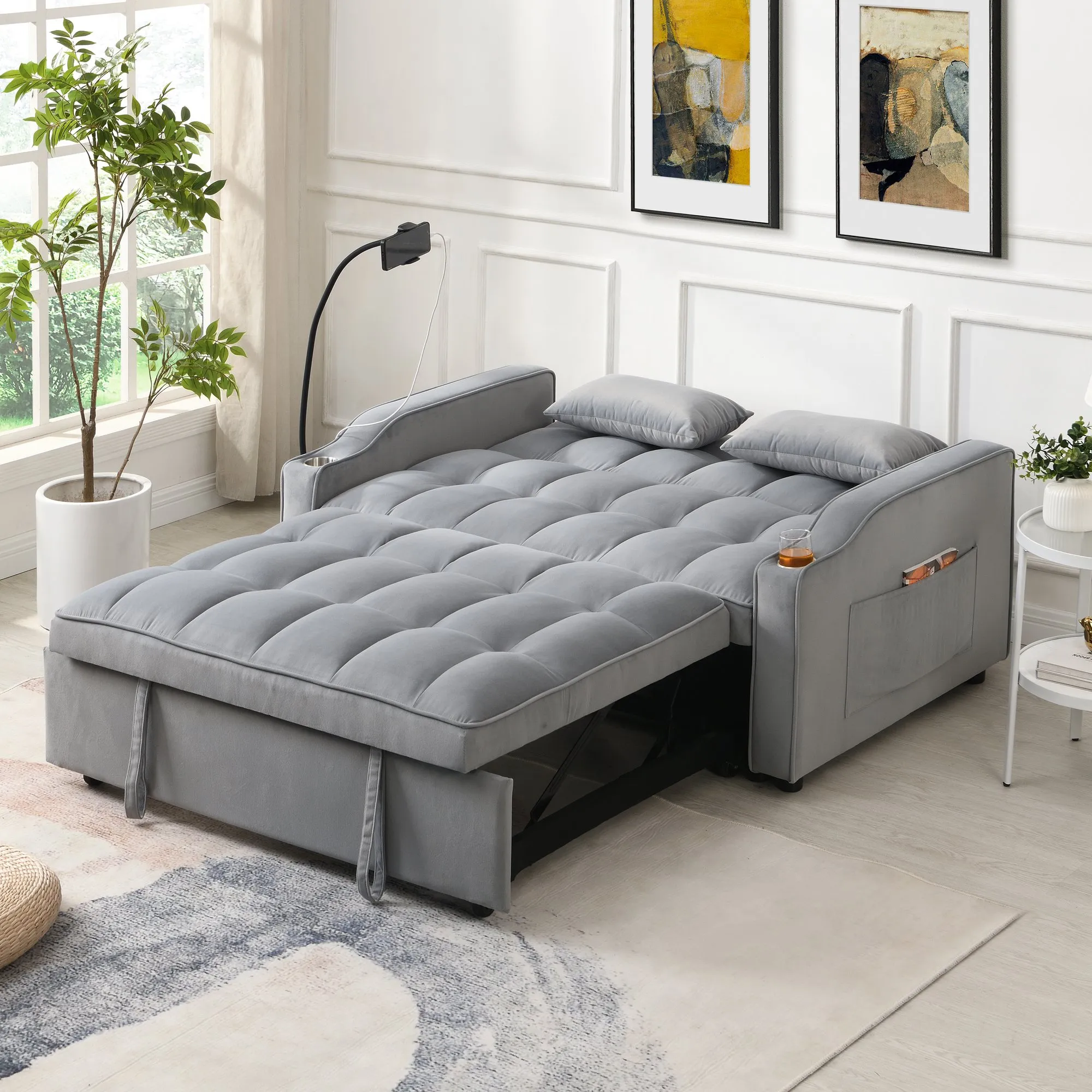 Modern Velvet Loveseat Futon with Pull-Out Bed, Small Couch