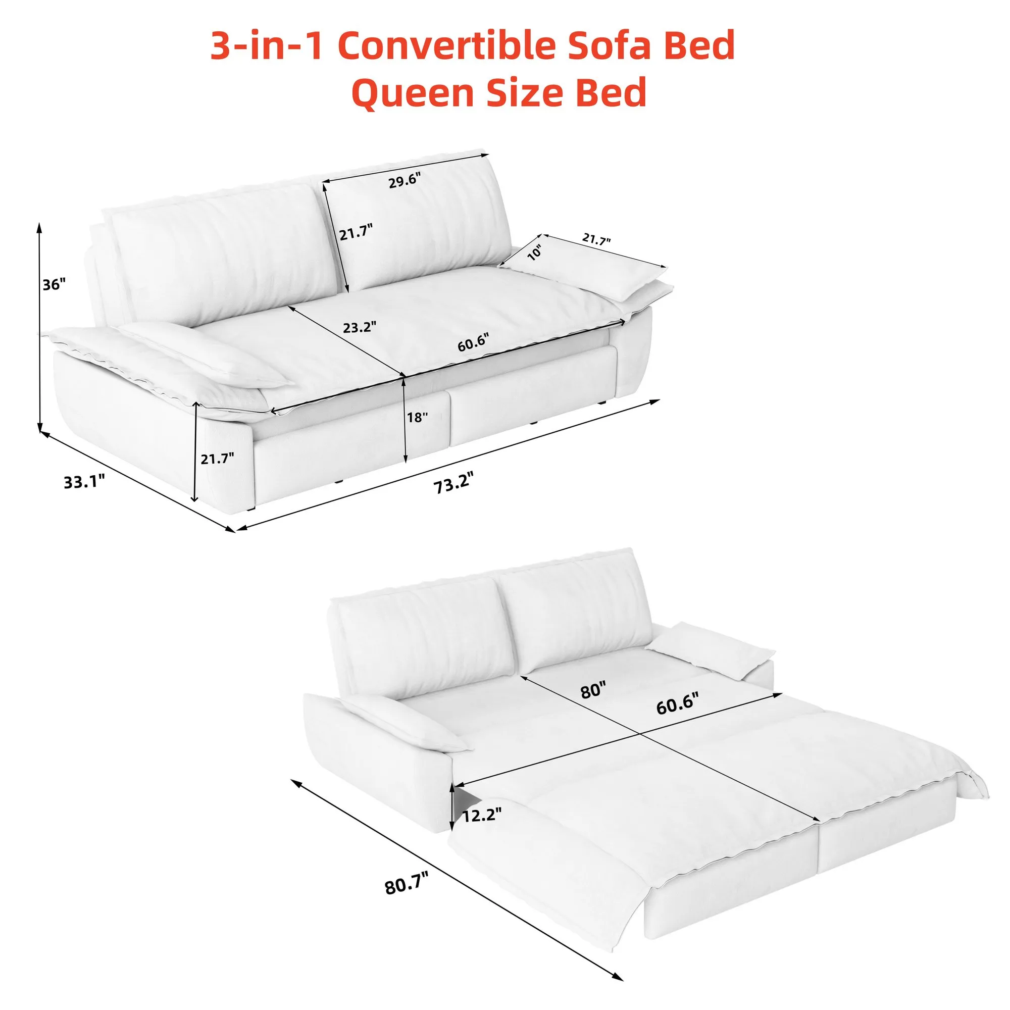 73.2-Inch Queen Pull-Out Sofa Bed, 3-in-1 Corduroy Sleeper
