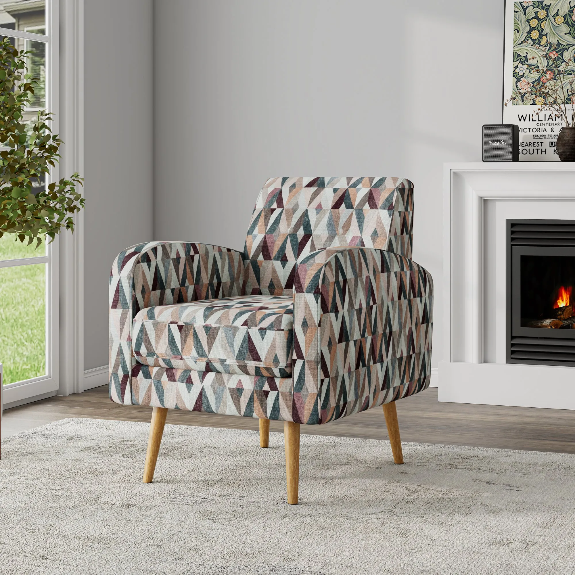 Darien Accent Arm Chair in Red and Tan Prism Pattern with Natural Solid Wood Legs