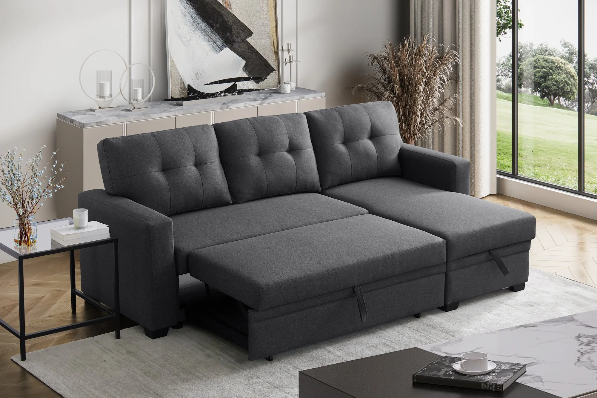 Convertible Upholstered Sectional Sofa with Pull-out Chaise