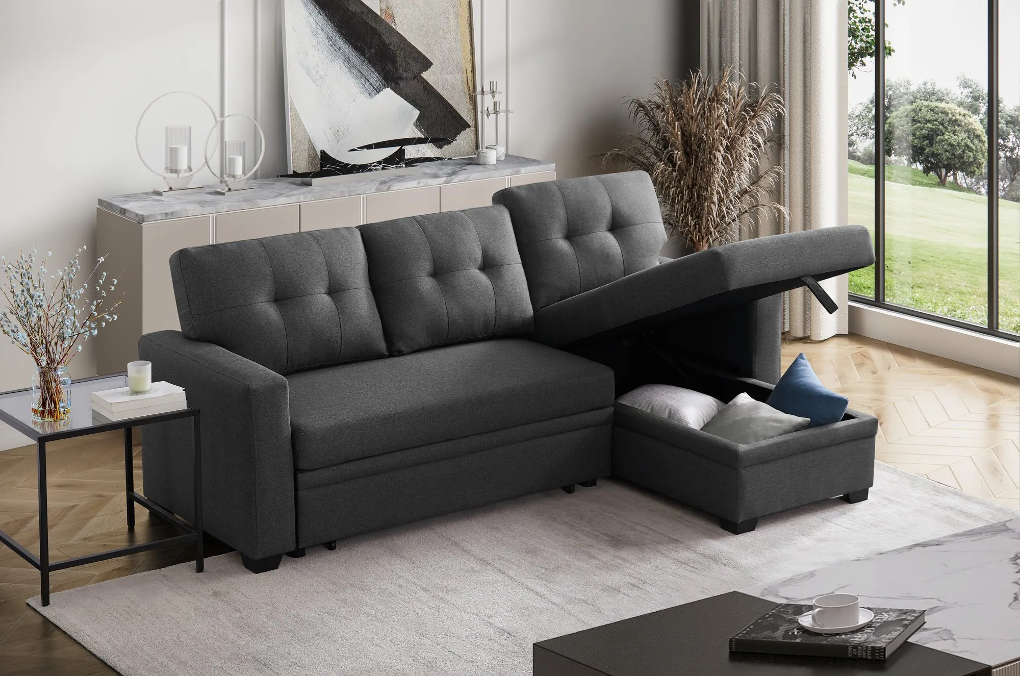 Convertible Upholstered Sectional Sofa with Pull-out Chaise