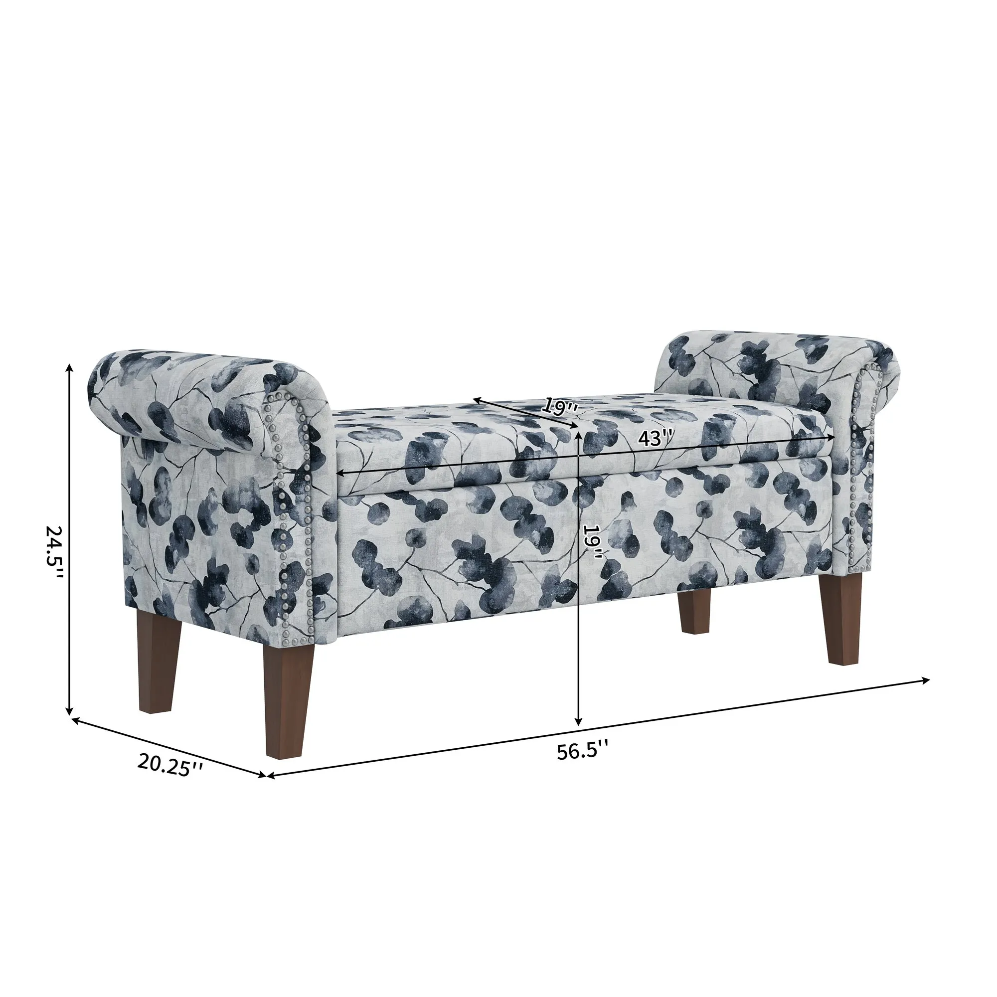 Wallen Traditional Rolled Arm Storage Bench Ottoman with Pewter Nailhead Trim in Black Floral with Dark Brown Solid Wood Legs