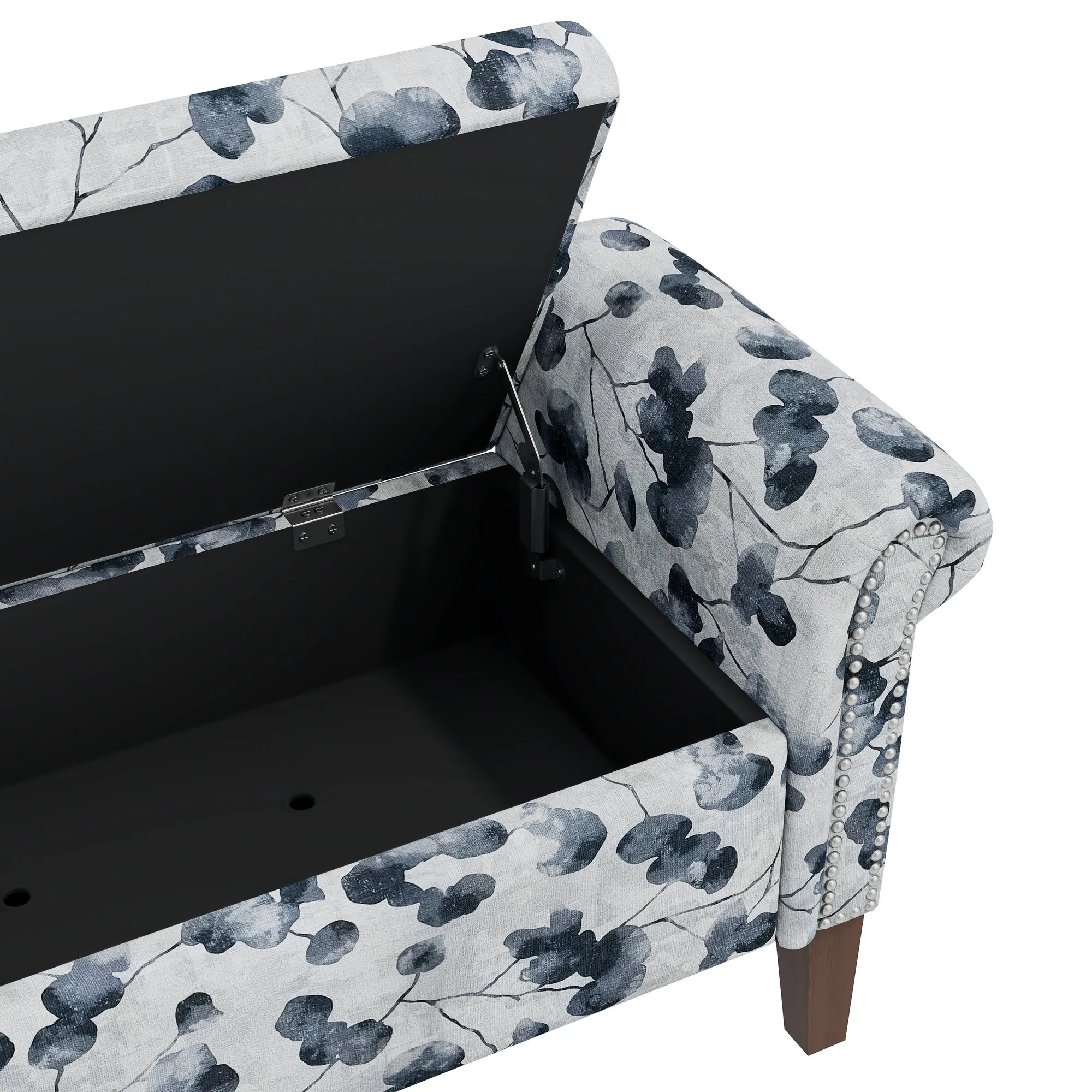 Wallen Traditional Rolled Arm Storage Bench Ottoman with Pewter Nailhead Trim in Black Floral with Dark Brown Solid Wood Legs