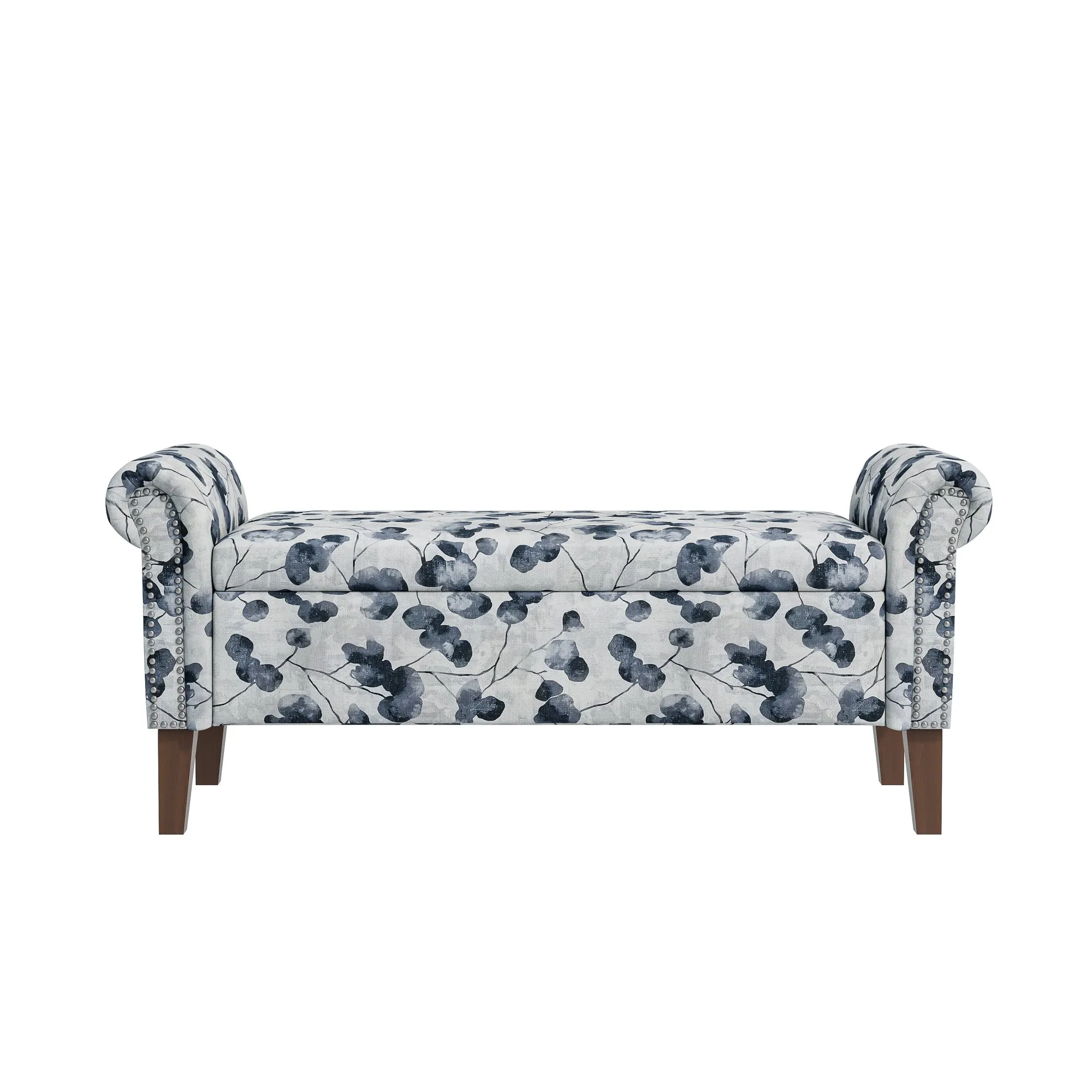 Wallen Traditional Rolled Arm Storage Bench Ottoman with Pewter Nailhead Trim in Black Floral with Dark Brown Solid Wood Legs