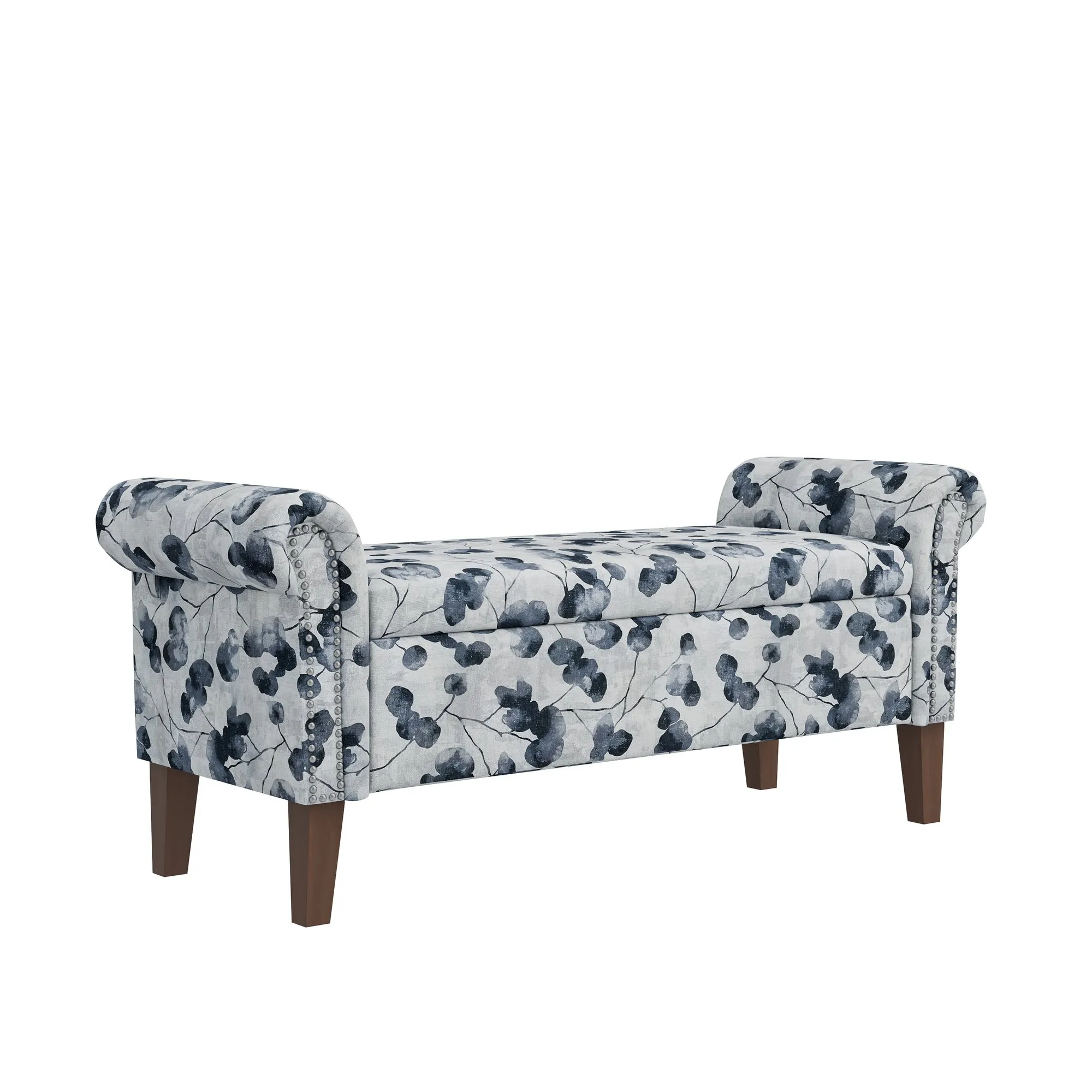 Wallen Traditional Rolled Arm Storage Bench Ottoman with Pewter Nailhead Trim in Black Floral with Dark Brown Solid Wood Legs