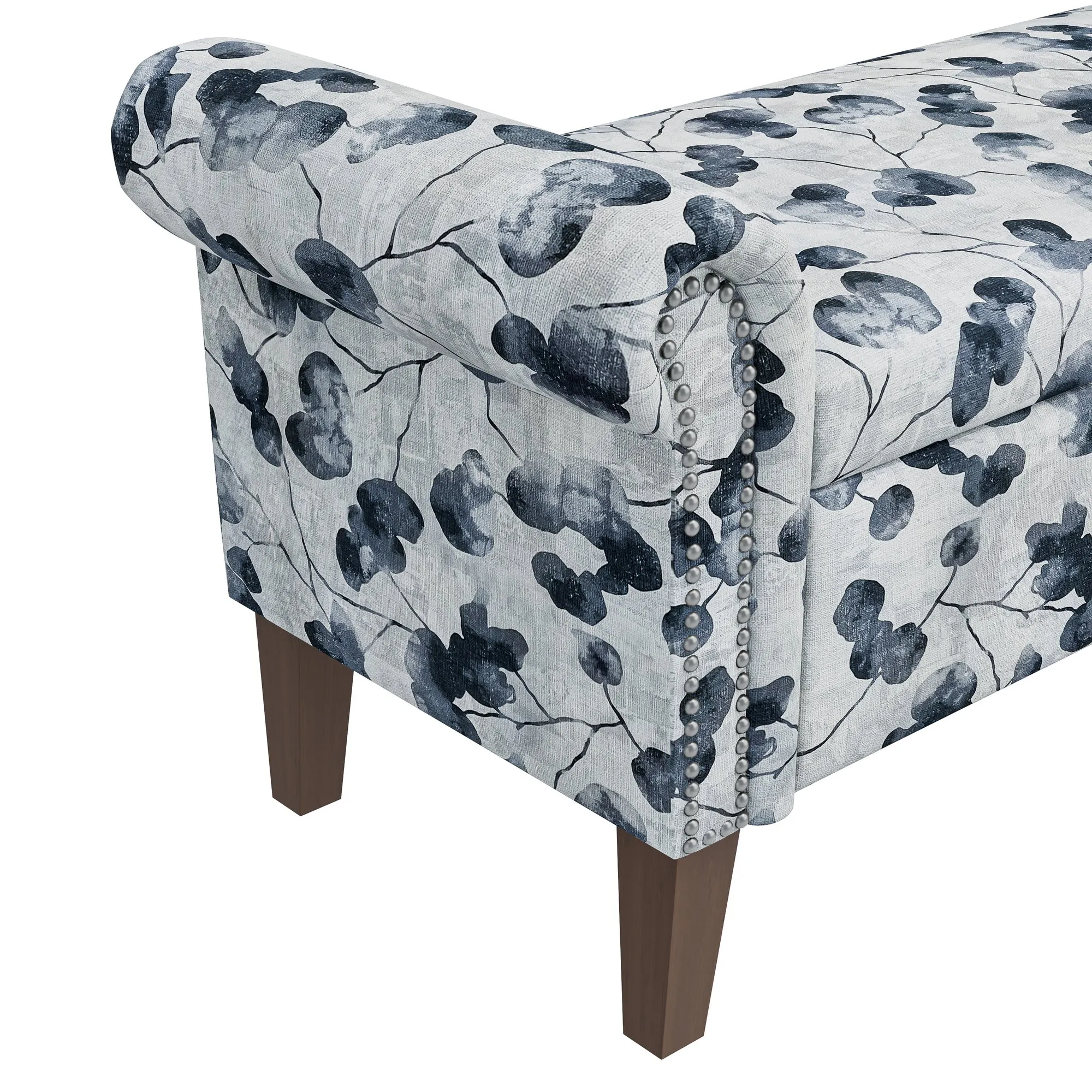 Wallen Traditional Rolled Arm Storage Bench Ottoman with Pewter Nailhead Trim in Black Floral with Dark Brown Solid Wood Legs