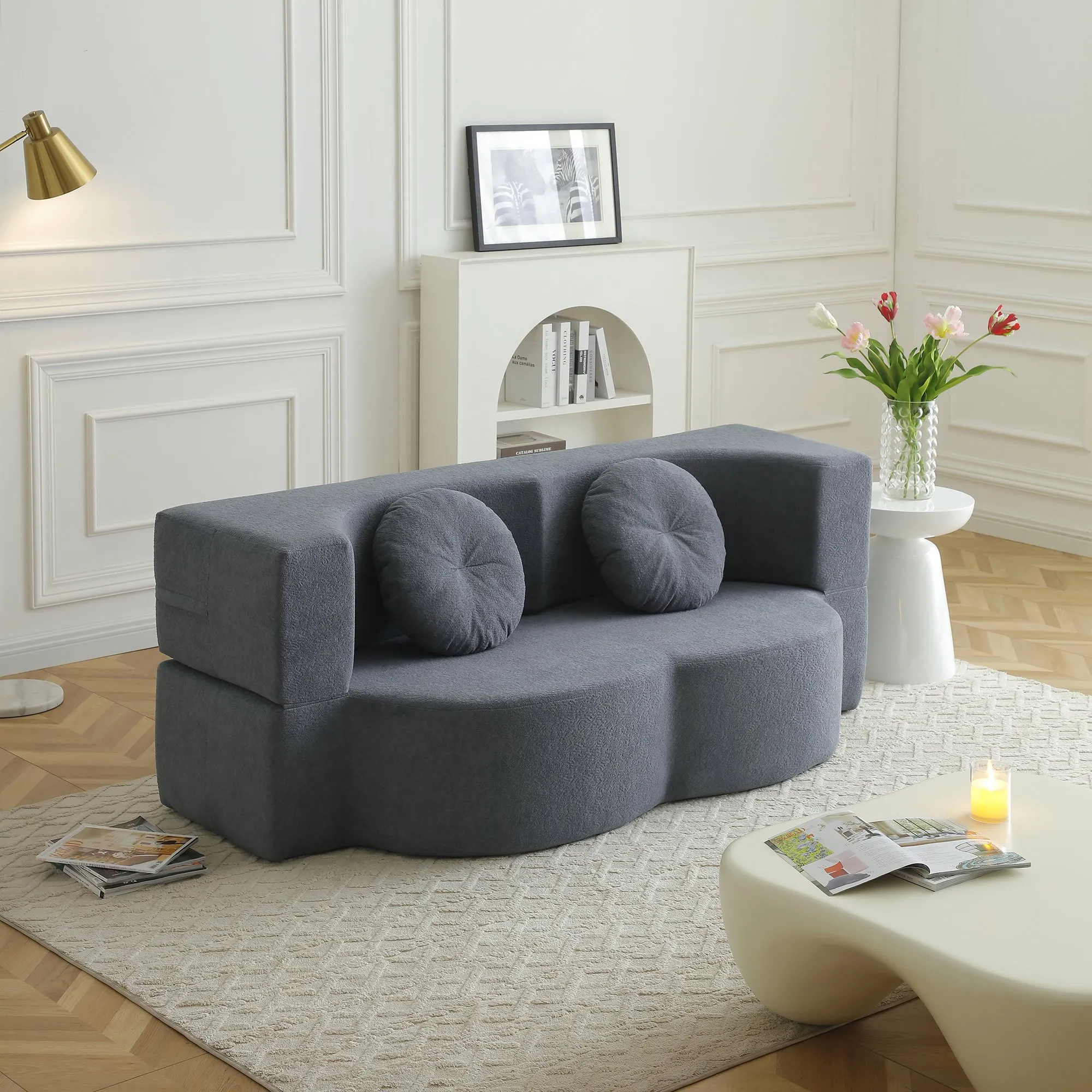 2-in-1 Cotton Linen Folding Sofa Bed with Pillow, Twin Sleeper
