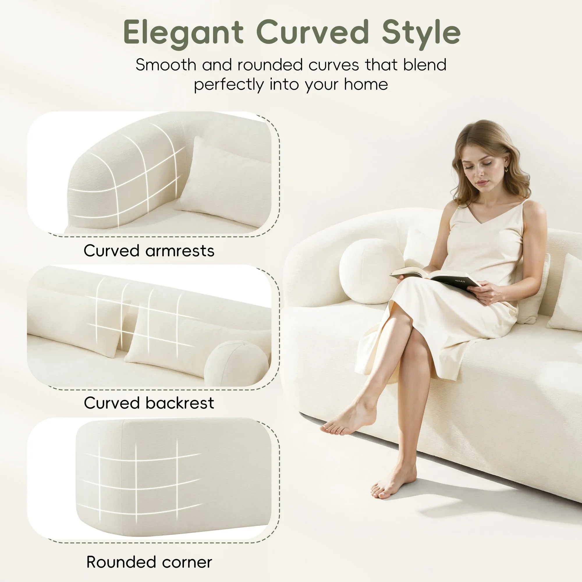 86-Inch Chenille Boneless Couch, Upholstered Sofa with Pillows
