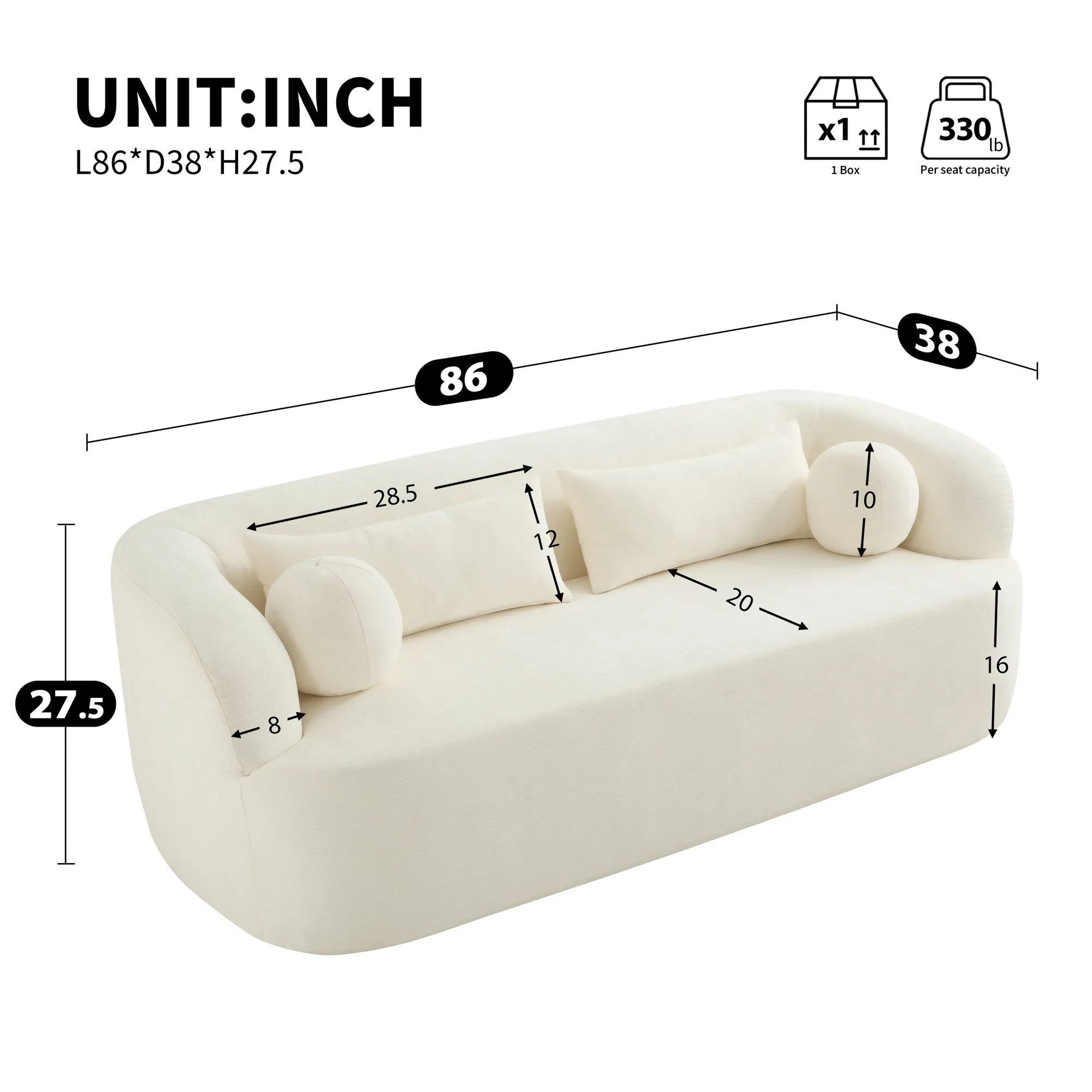 86-Inch Chenille Boneless Couch, Upholstered Sofa with Pillows