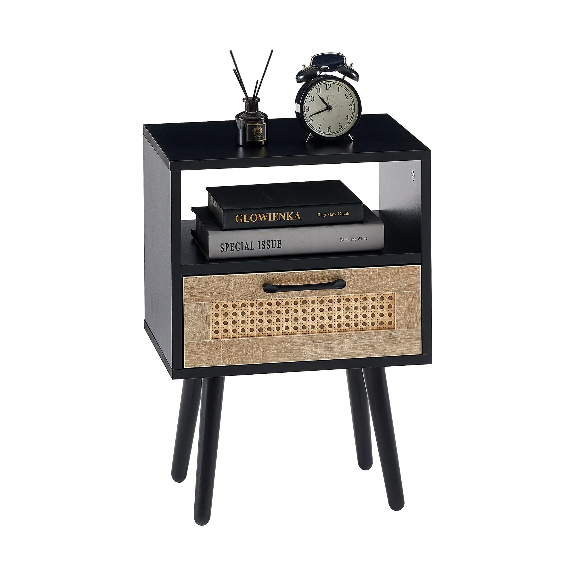 15.75-Inch Rattan End Table with Drawer, Solid Wood Legs