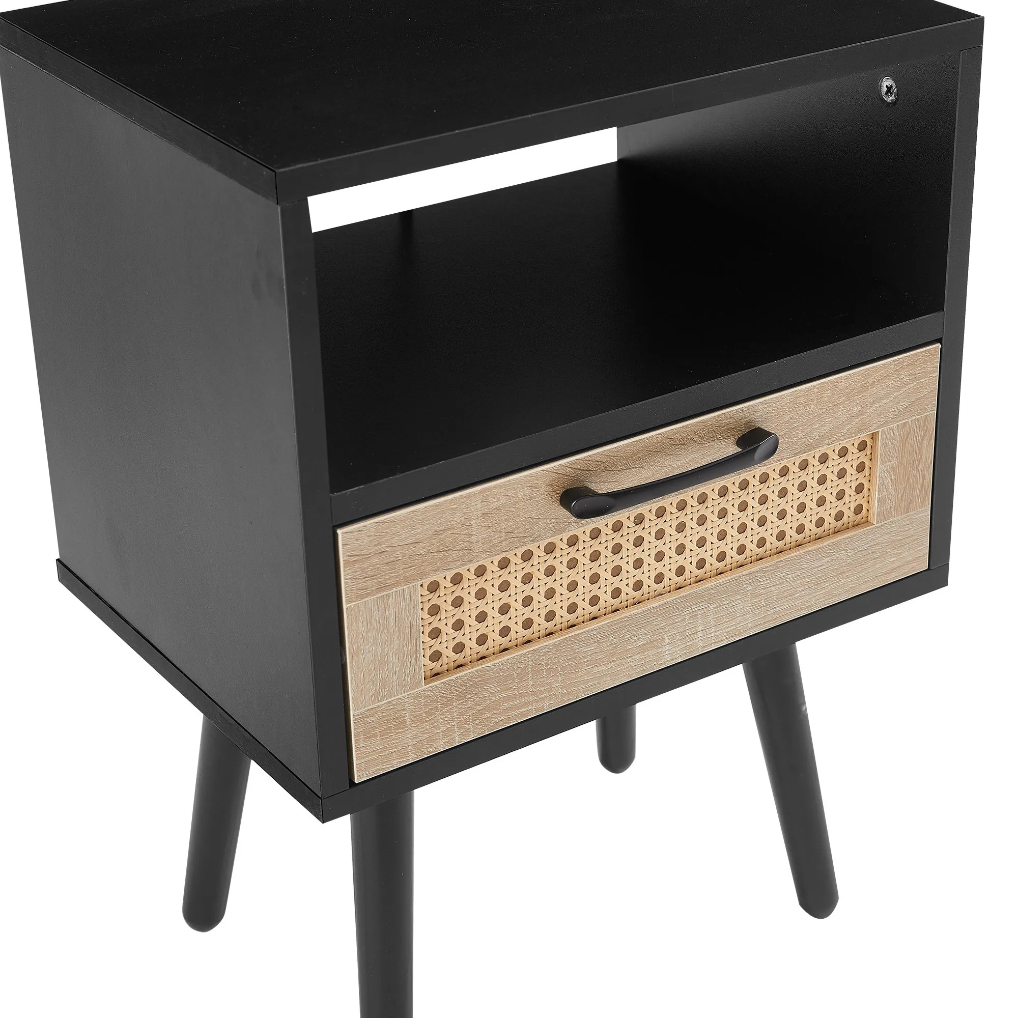 15.75-Inch Rattan End Table with Drawer, Solid Wood Legs