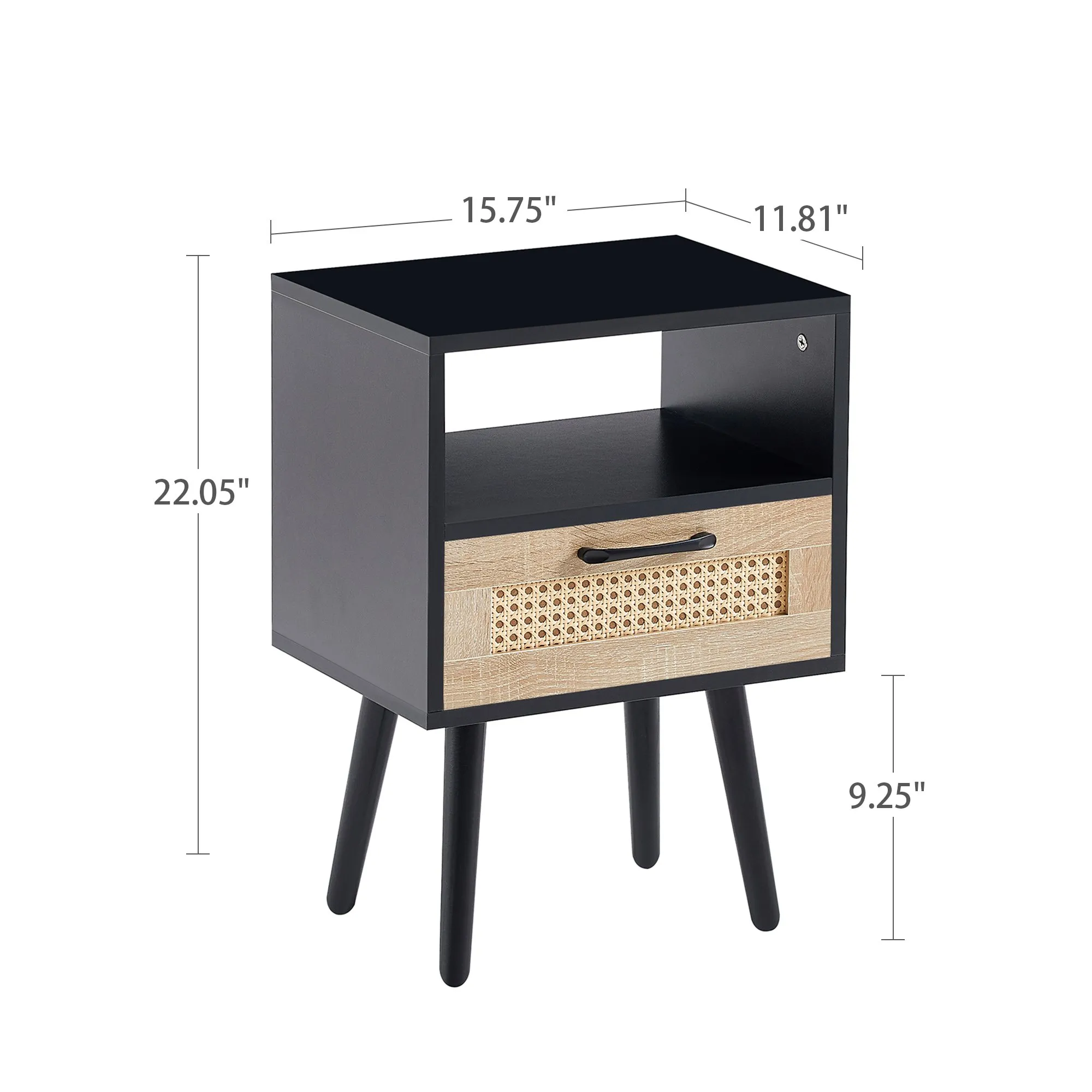 15.75-Inch Rattan End Table with Drawer, Solid Wood Legs