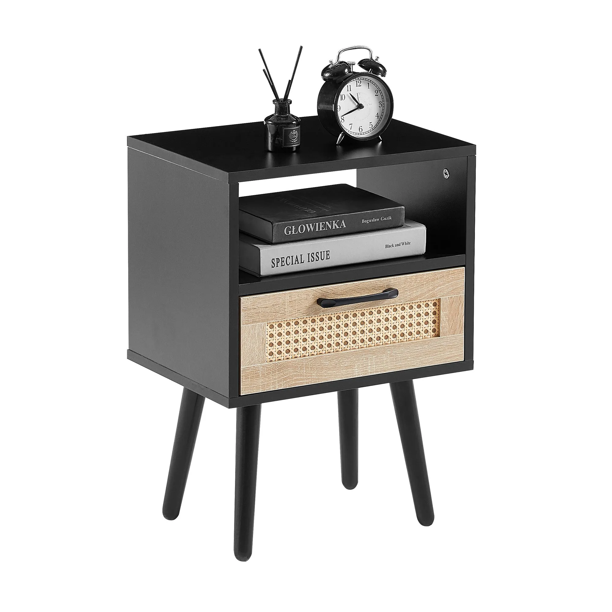 15.75-Inch Rattan End Table with Drawer, Solid Wood Legs