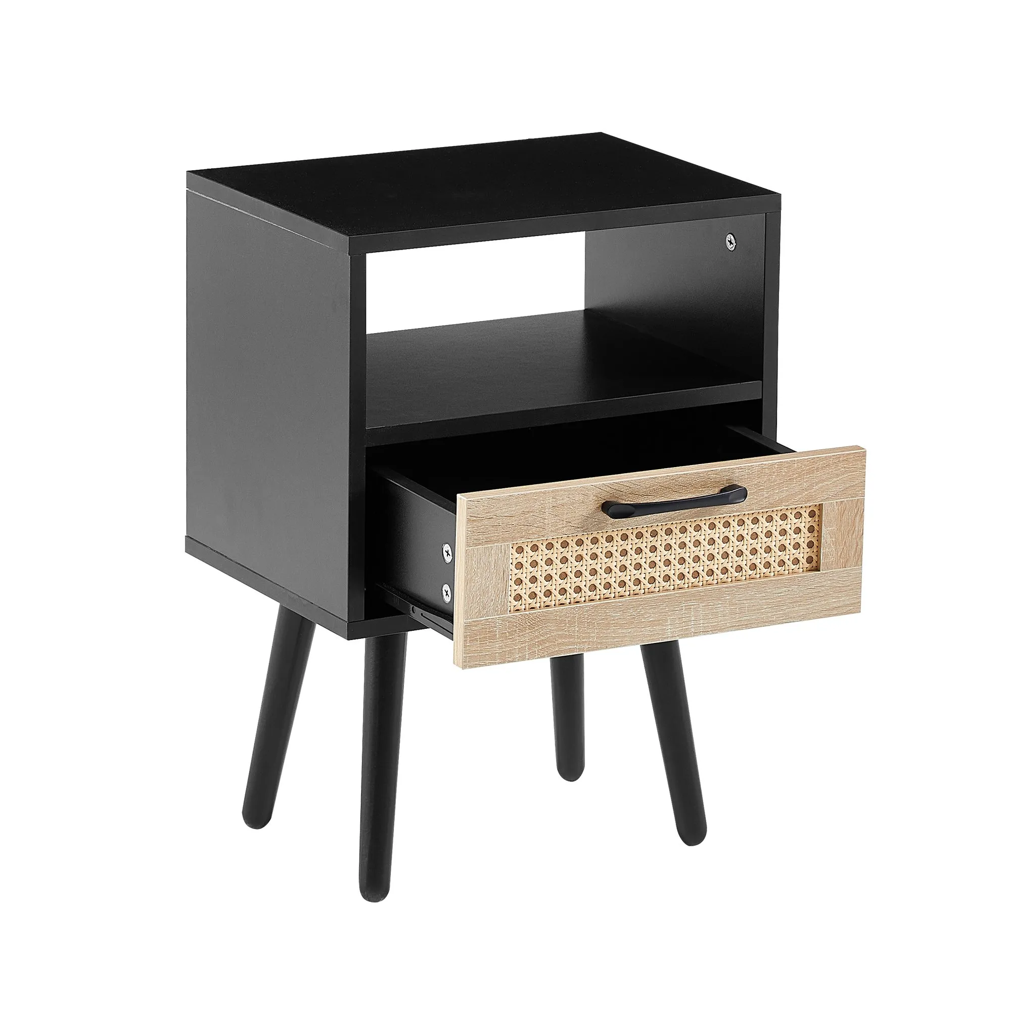15.75-Inch Rattan End Table with Drawer, Solid Wood Legs