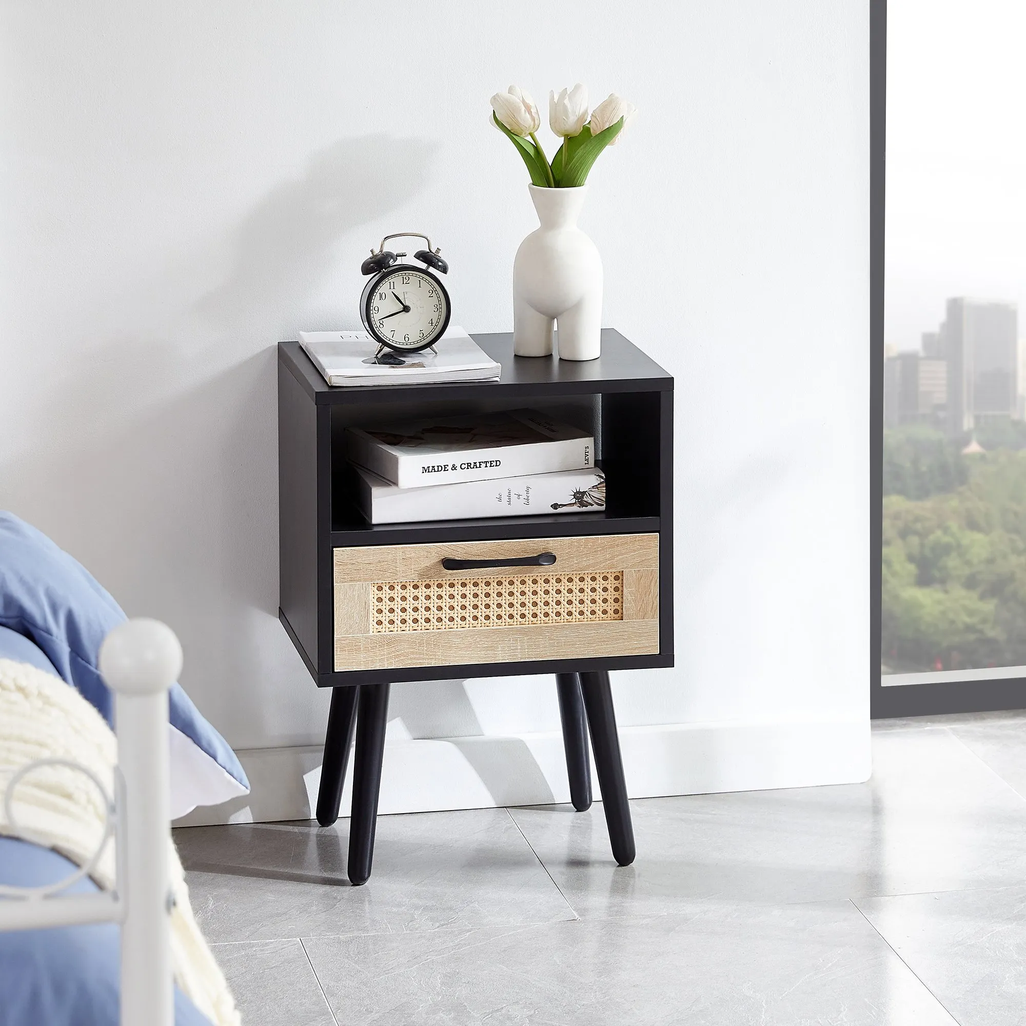 15.75-Inch Rattan End Table with Drawer, Solid Wood Legs