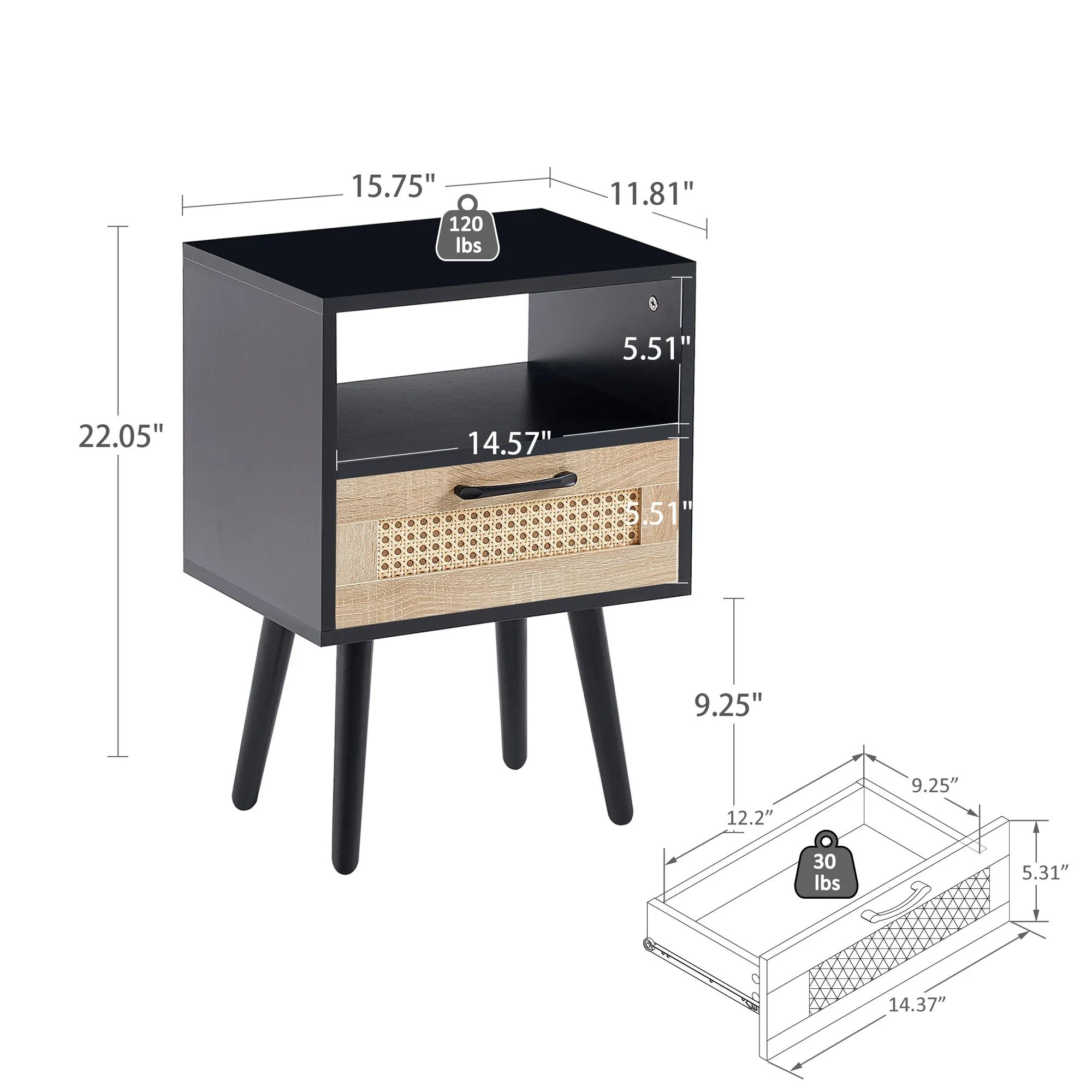 15.75-Inch Rattan End Table with Drawer, Solid Wood Legs