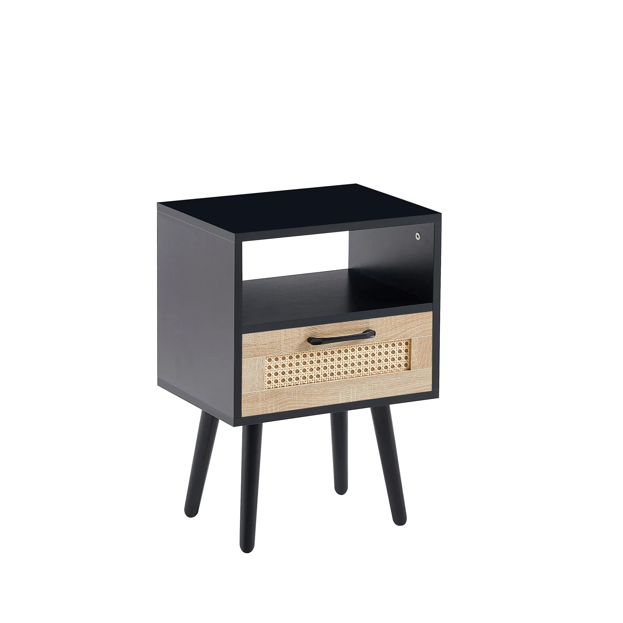 15.75-Inch Rattan End Table with Drawer, Solid Wood Legs
