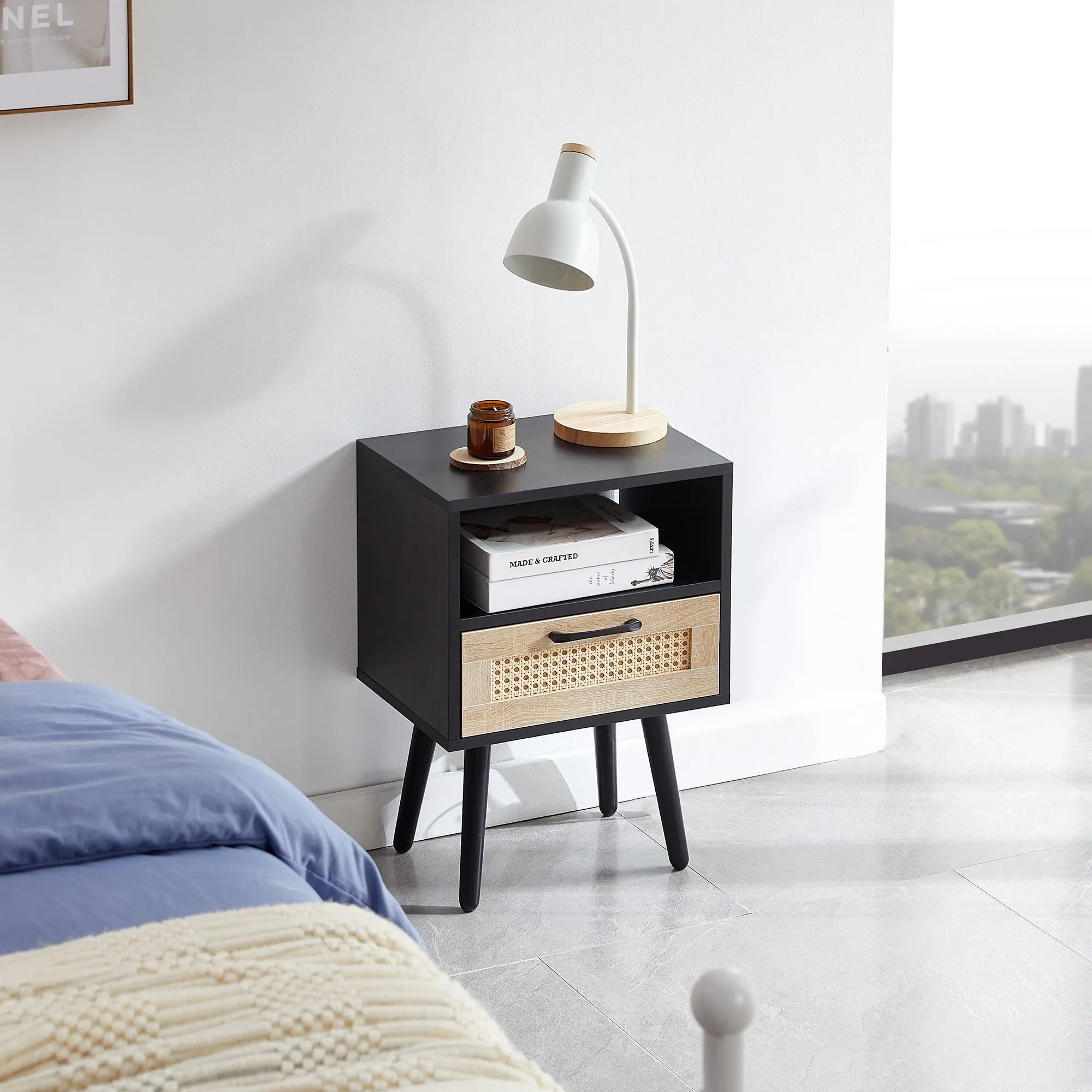 15.75-Inch Rattan End Table with Drawer, Solid Wood Legs