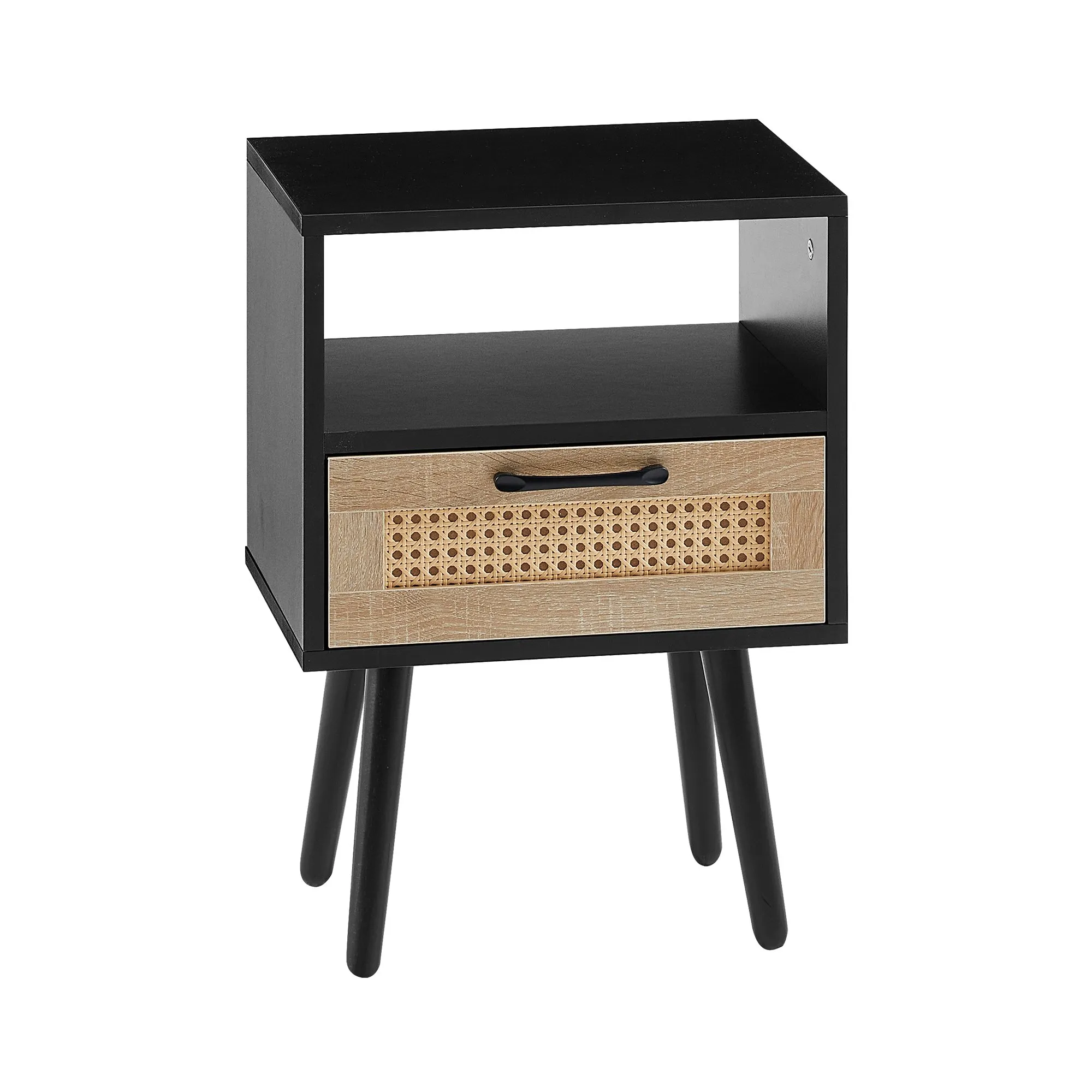 15.75-Inch Rattan End Table with Drawer, Solid Wood Legs