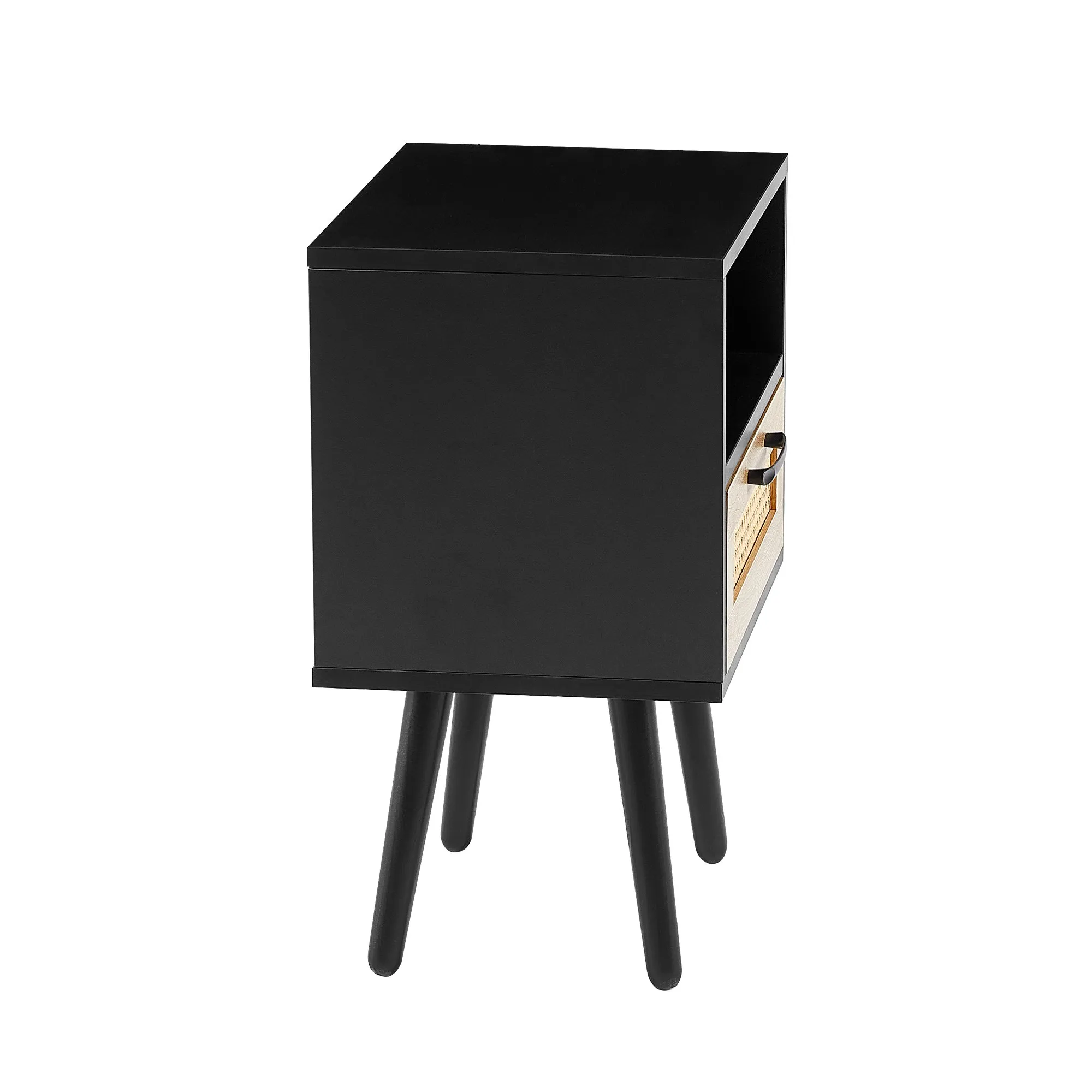 15.75-Inch Rattan End Table with Drawer, Solid Wood Legs