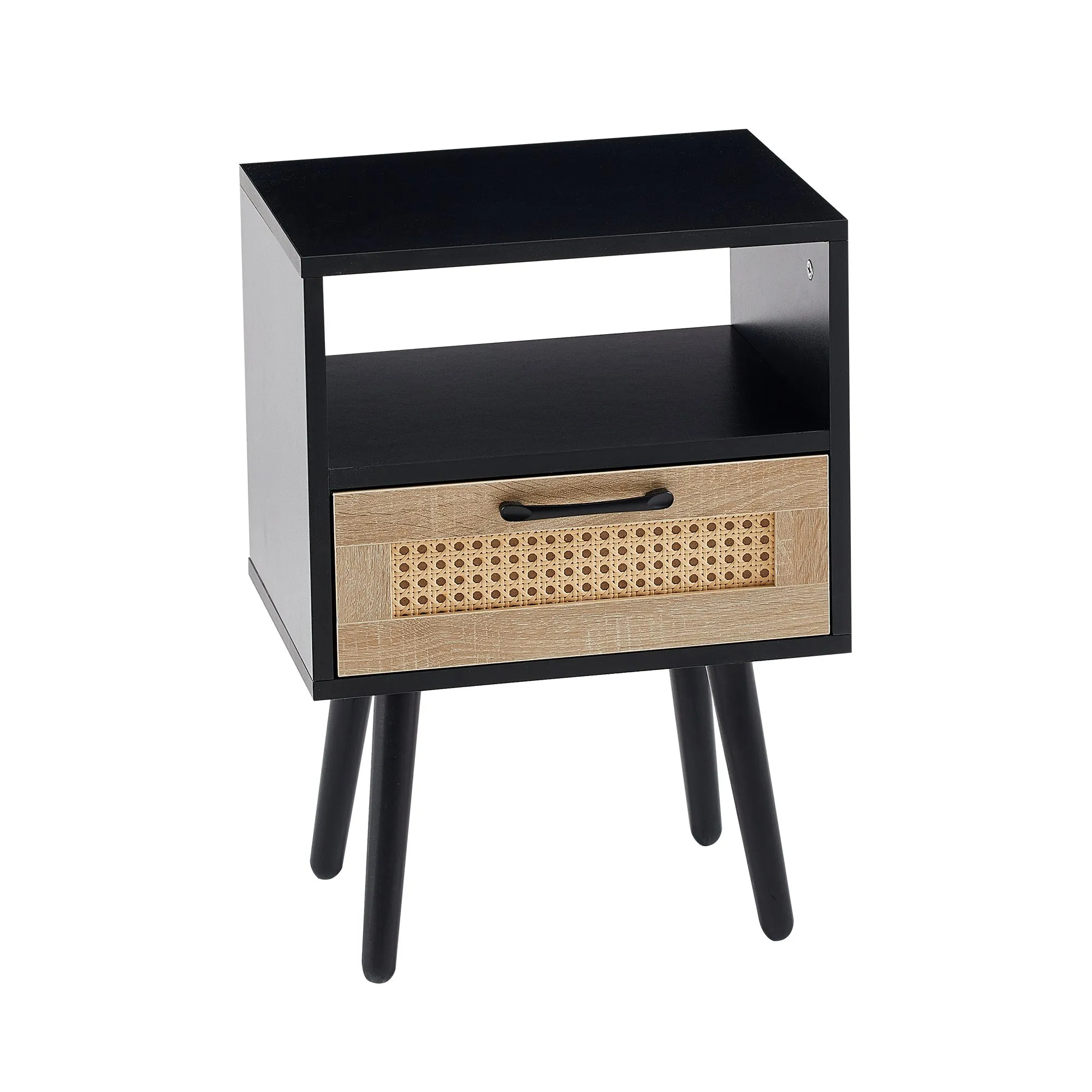 15.75-Inch Rattan End Table with Drawer, Solid Wood Legs