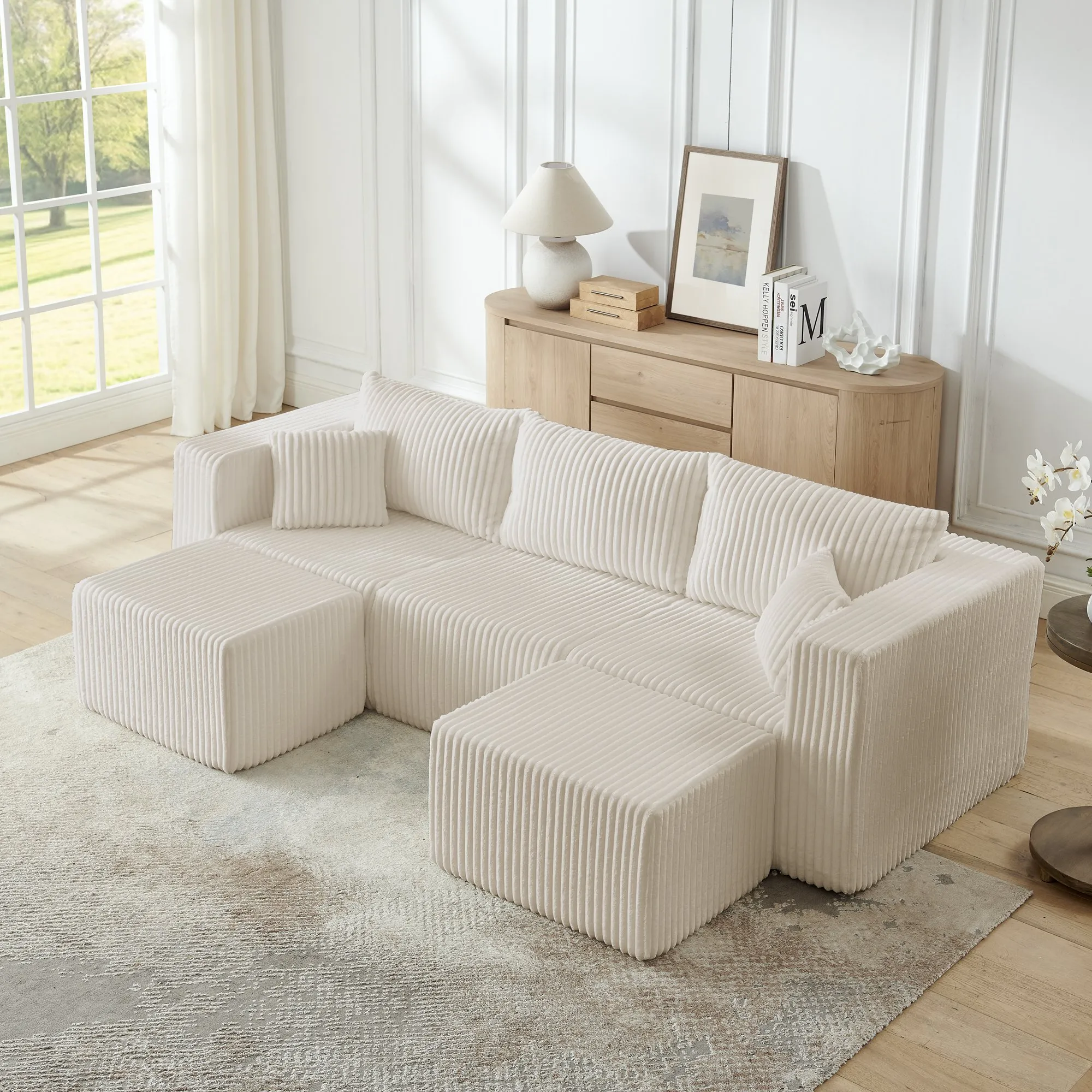 Compact Modular Corduroy Sectional Sofa, Compressed Modern