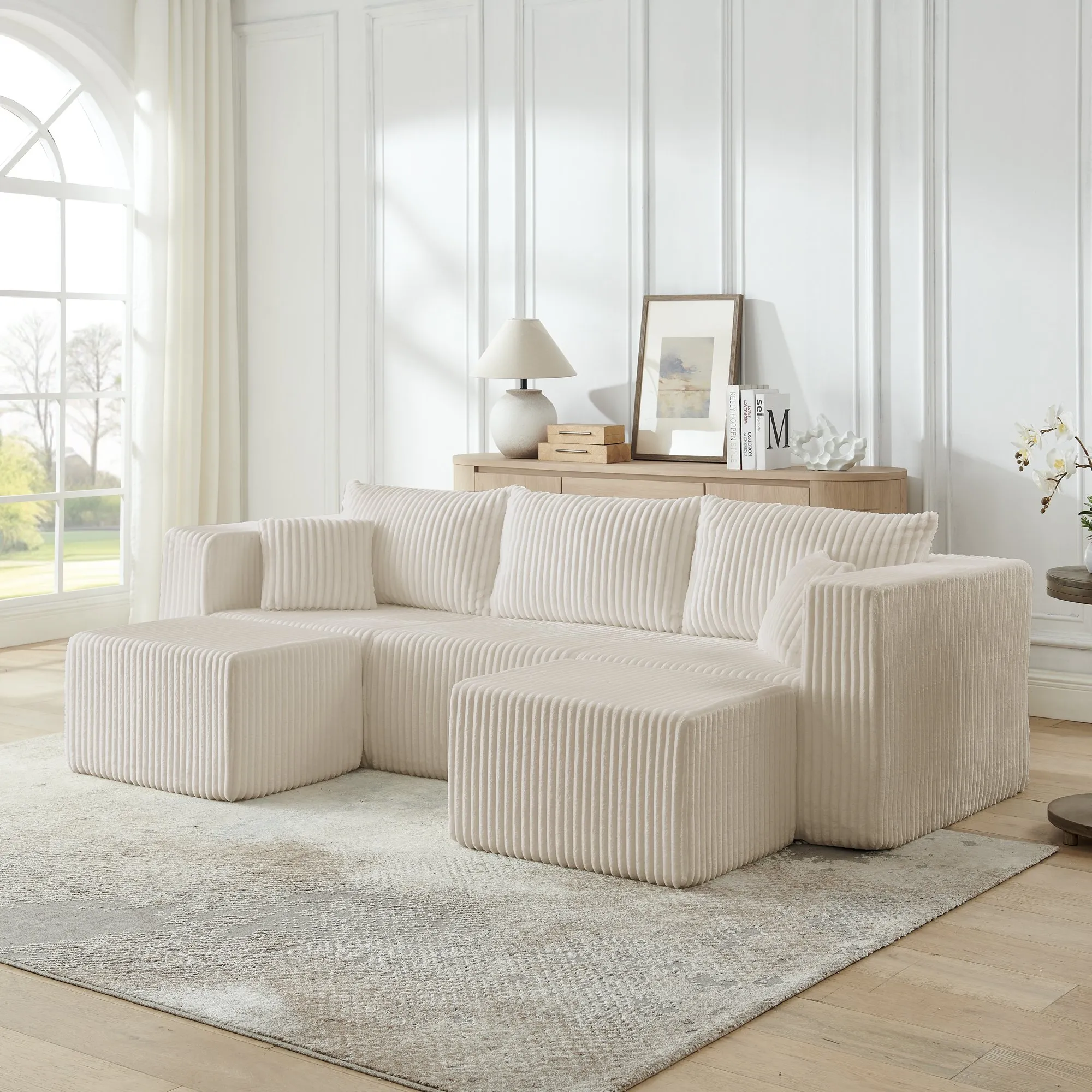 Compact Modular Corduroy Sectional Sofa, Compressed Modern