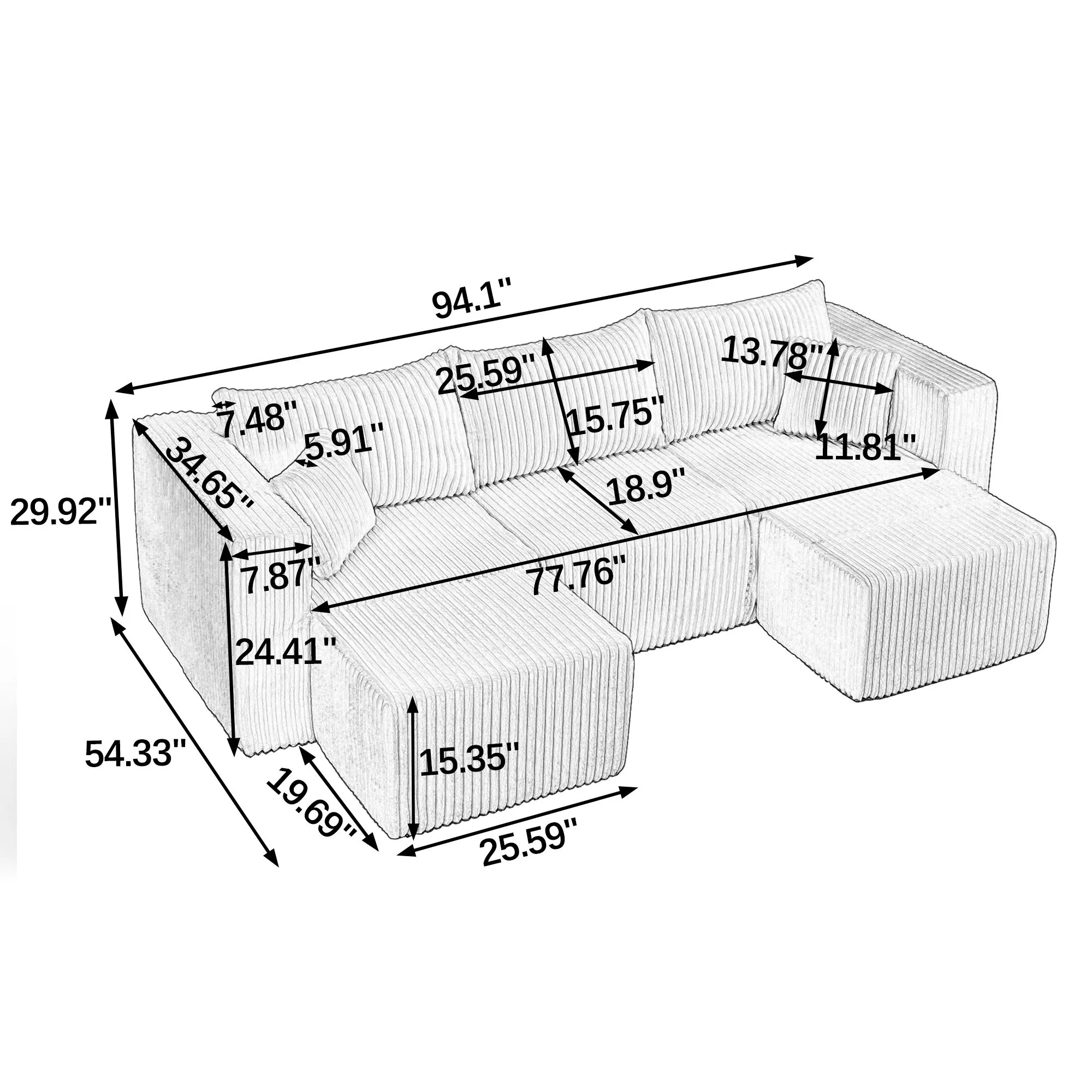 Compact Modular Corduroy Sectional Sofa, Compressed Modern
