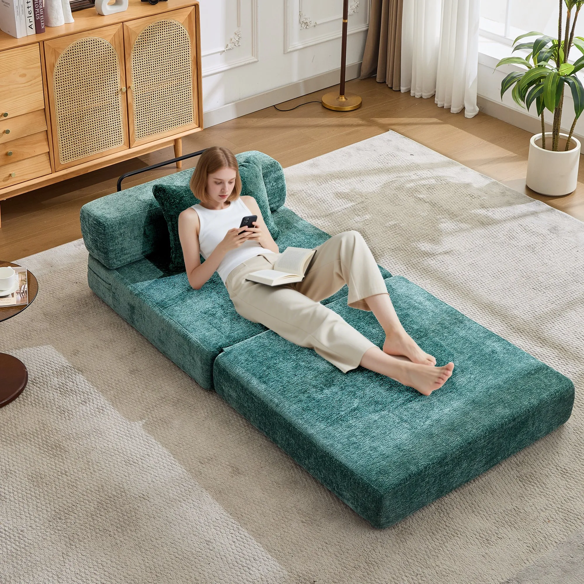 Chenille Compression Sofa Bed, Convertible Floor Sofa with Frame